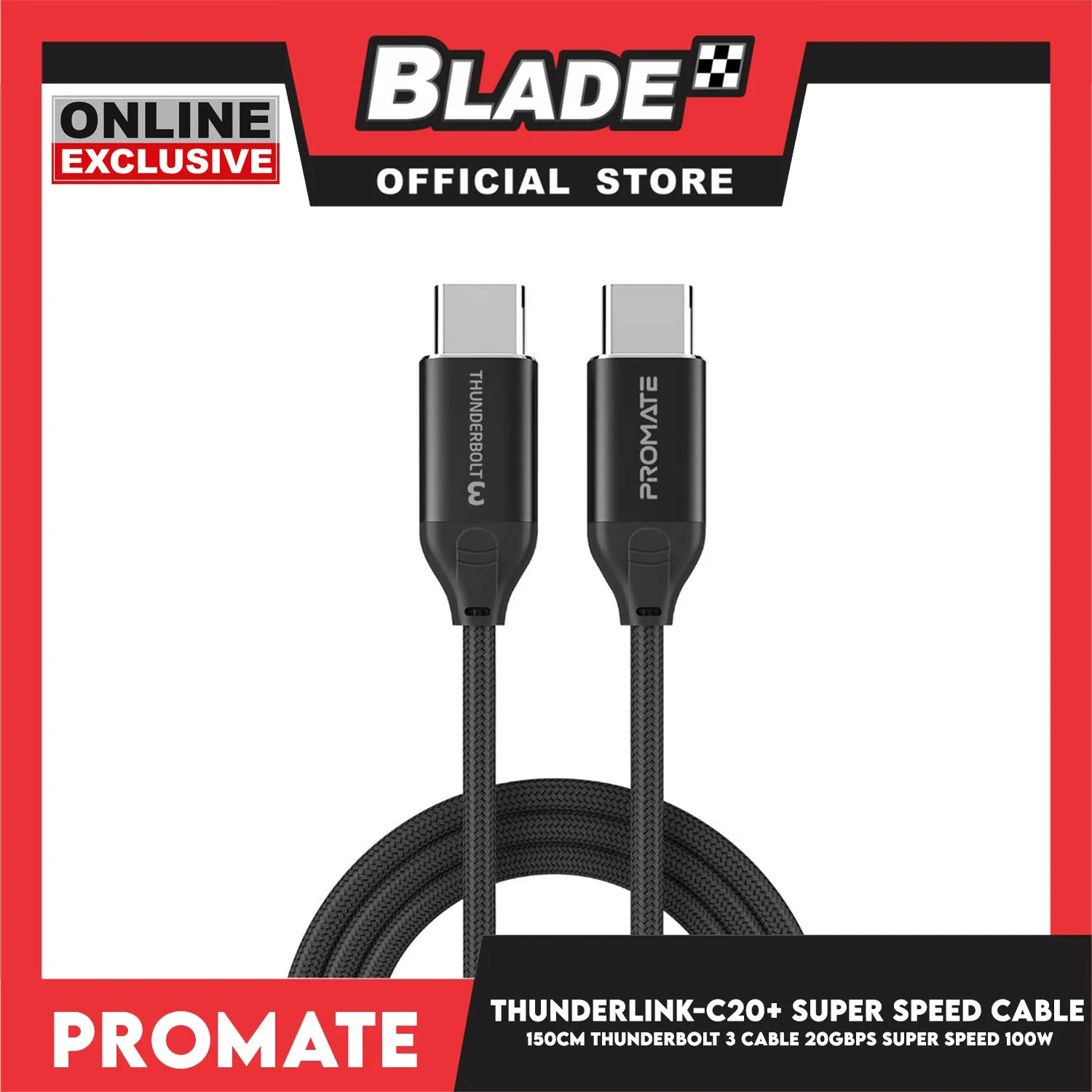 Promate 150cm Thunderbolt 3 Cable 20Gbps Super Speed 100W ThunderLink-C20  (Black)