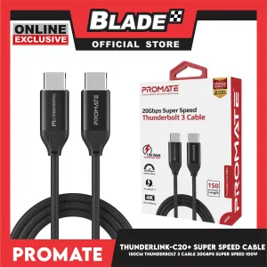 Promate 150cm Thunderbolt 3 Cable 20Gbps Super Speed 100W ThunderLink-C20  (Black)
