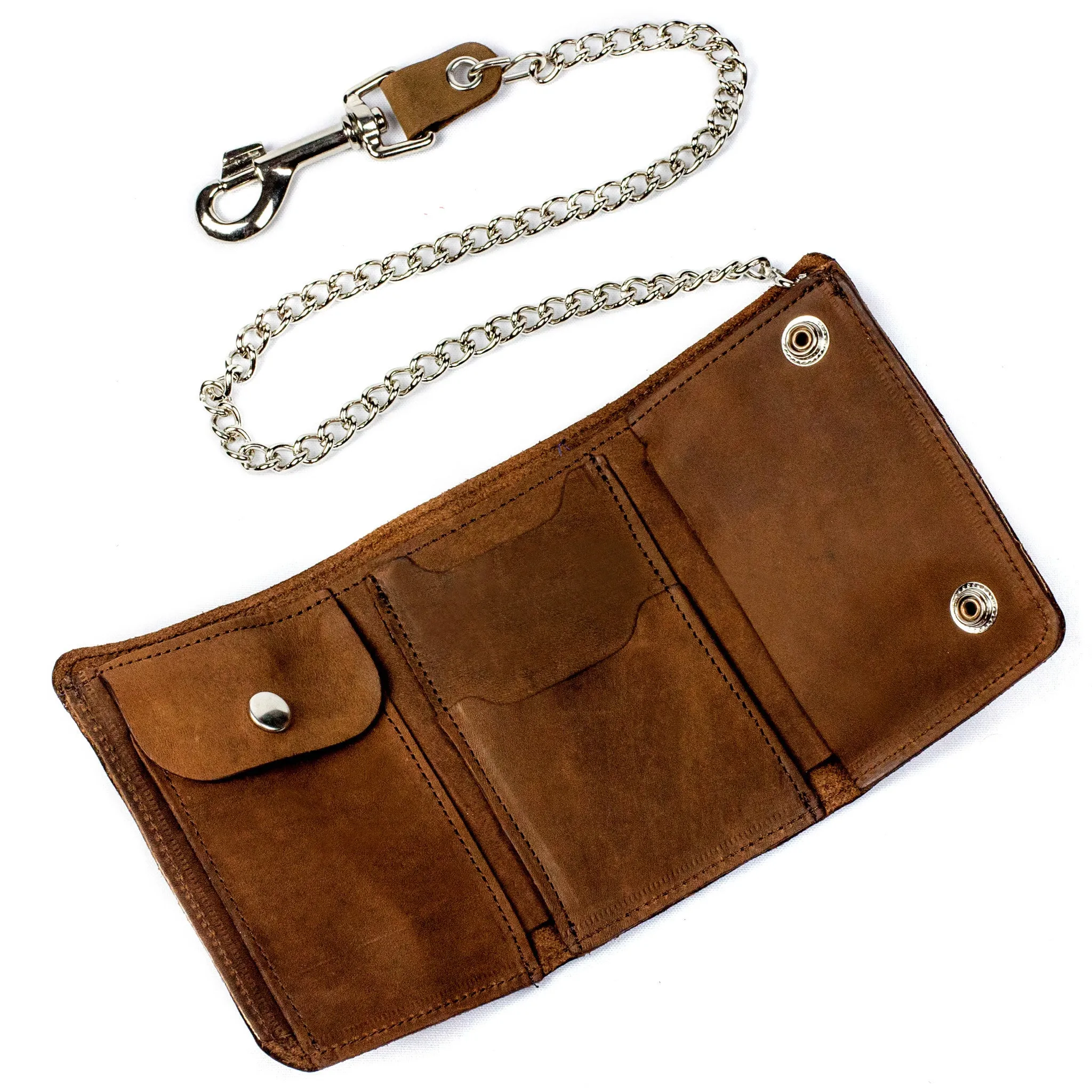 PU325  Mid-Size Tri-Fold Wallet w/ Chain- Brown