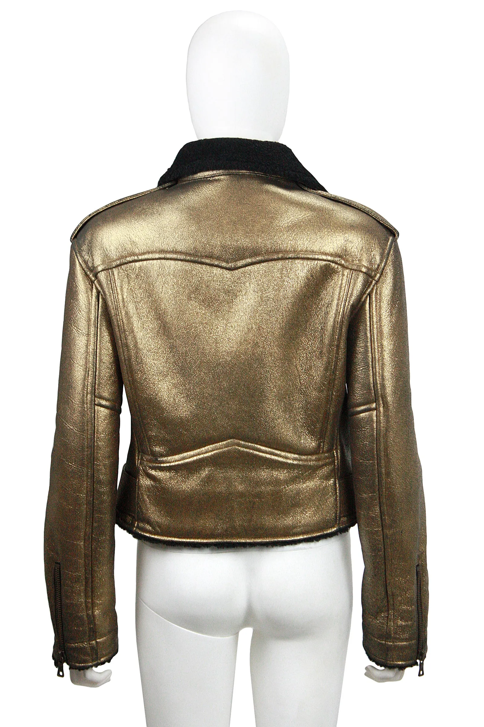 RALPH LAUREN Gold Leather & Black Shearling Belted Moto Jacket