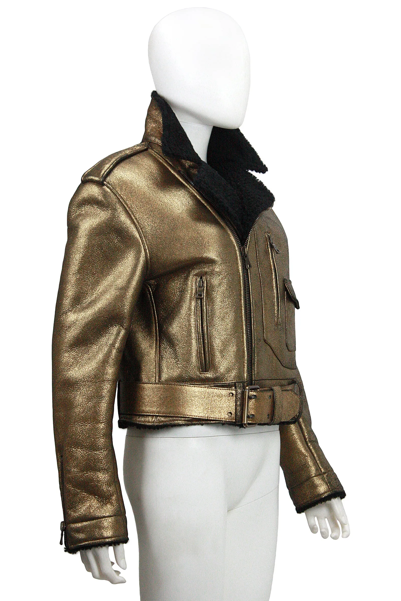 RALPH LAUREN Gold Leather & Black Shearling Belted Moto Jacket