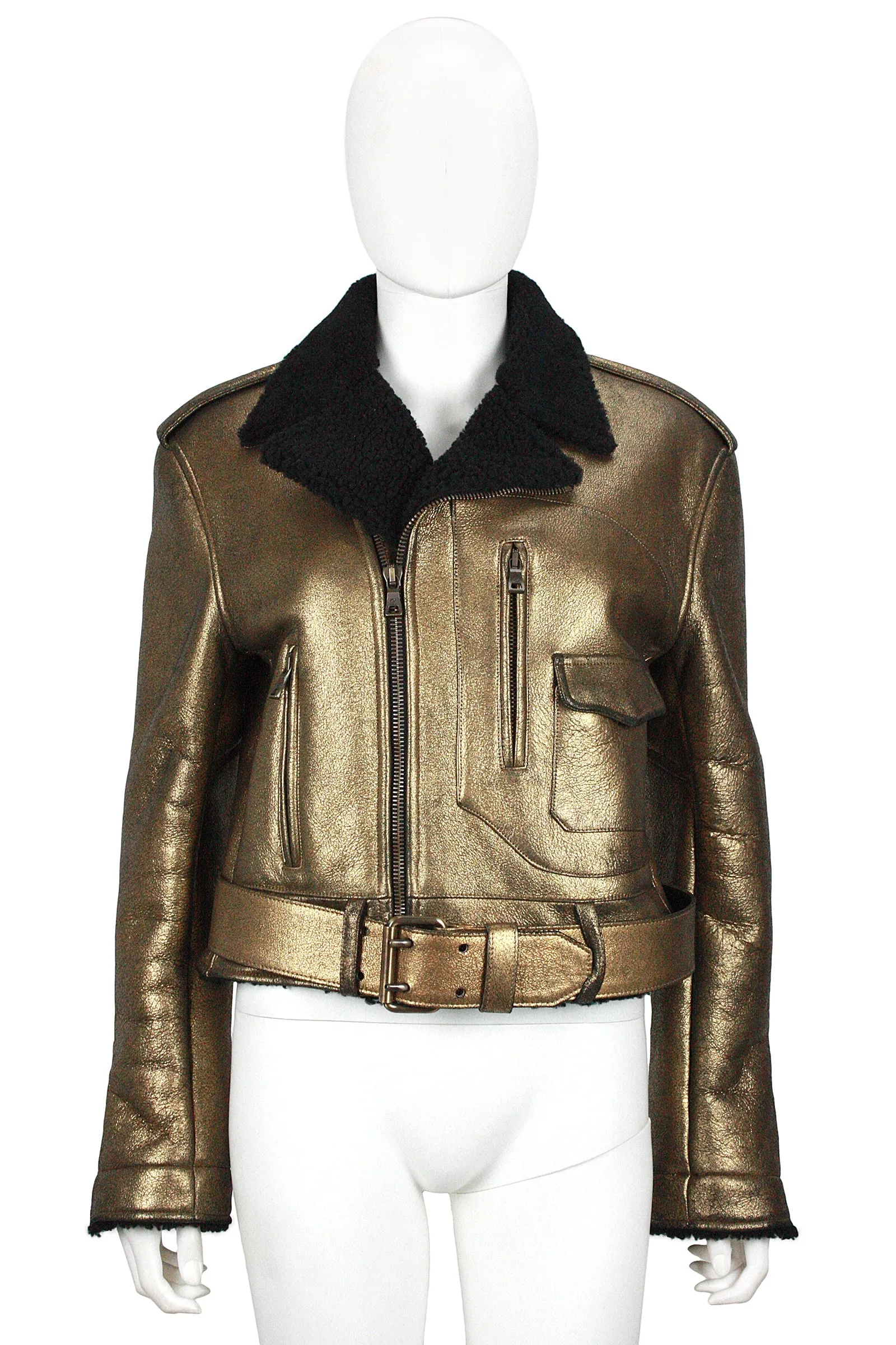 RALPH LAUREN Gold Leather & Black Shearling Belted Moto Jacket