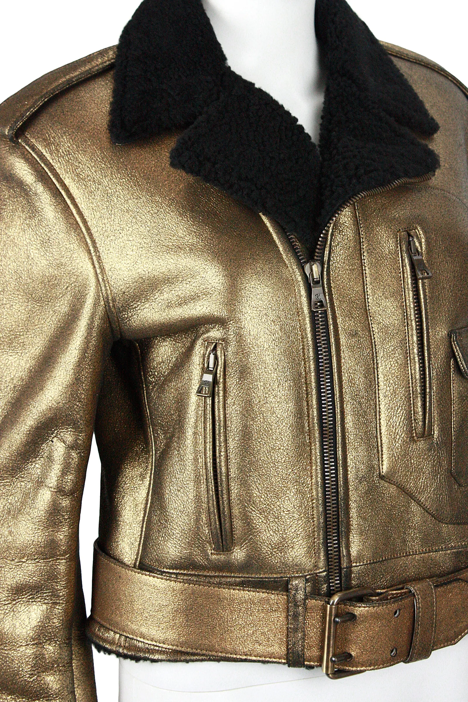RALPH LAUREN Gold Leather & Black Shearling Belted Moto Jacket