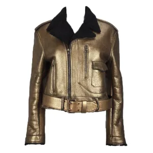 RALPH LAUREN Gold Leather & Black Shearling Belted Moto Jacket