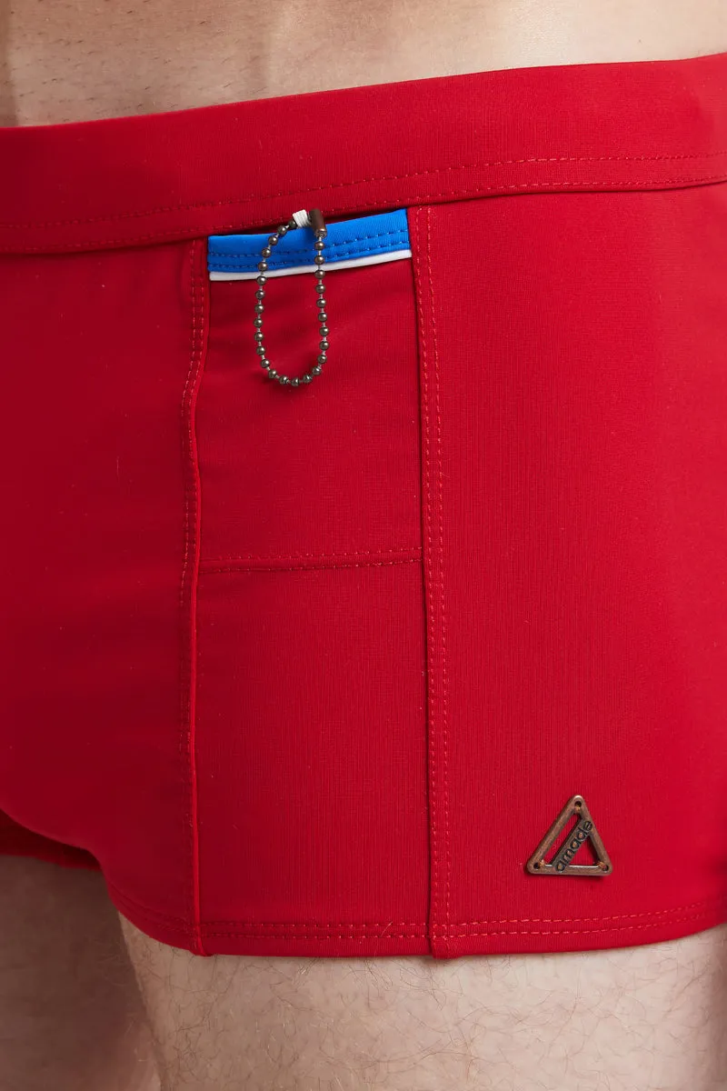Red - LANGSTON Square Cut Swim Brief with Cobalt Trim