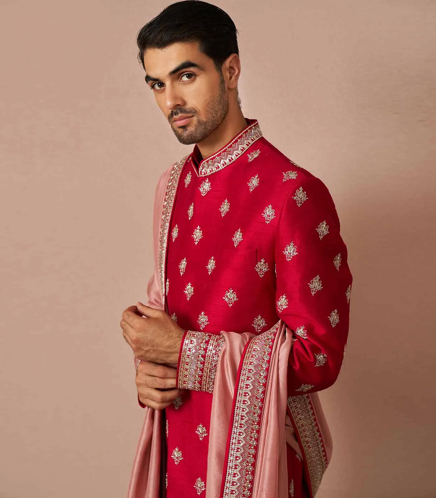 RED RAWSILK ZARDOZI BUTTI EMBROIDERED SHERWANI SET