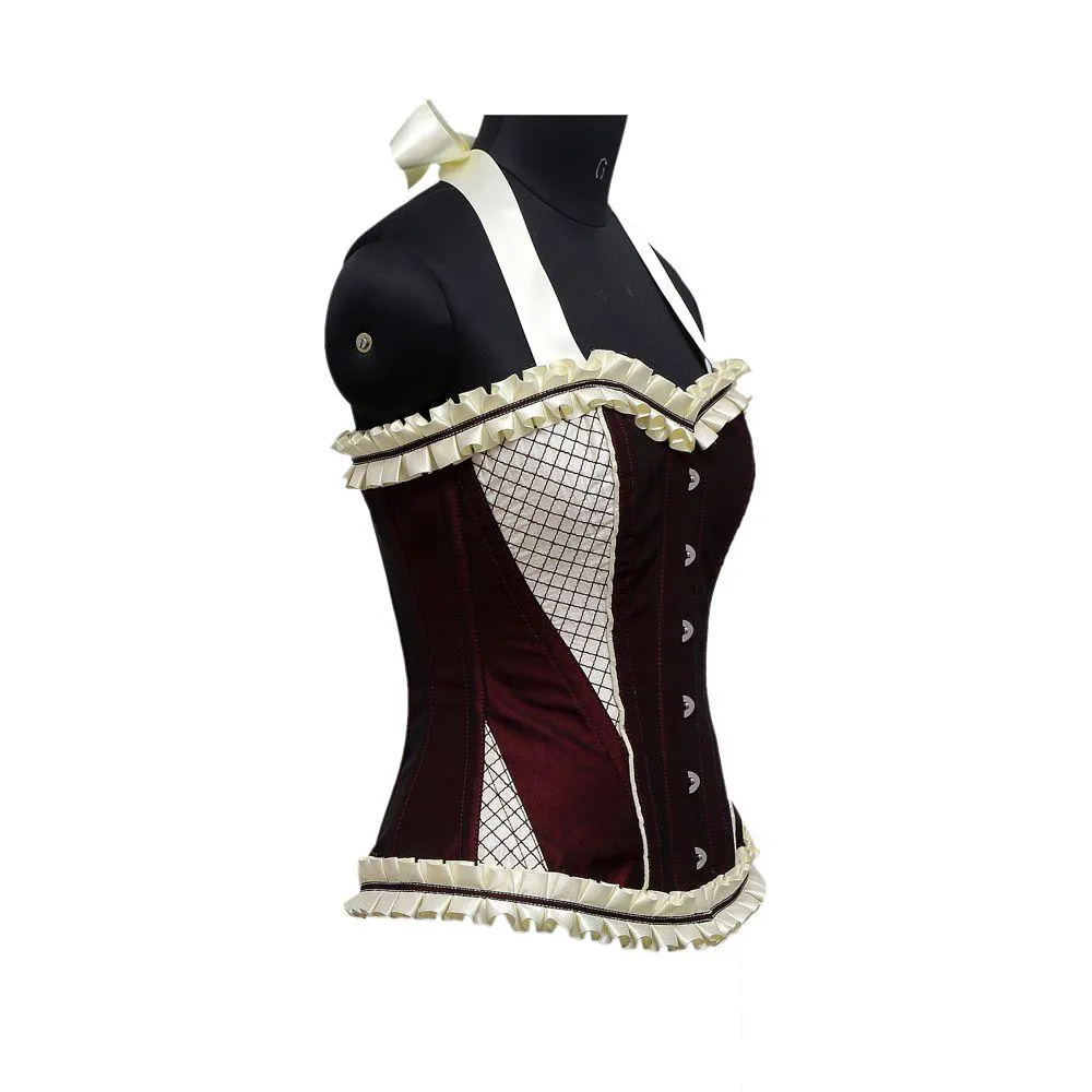 Rodri Burgundy Maroon Cream Embroidery Taffeta Strap Overbust Corset