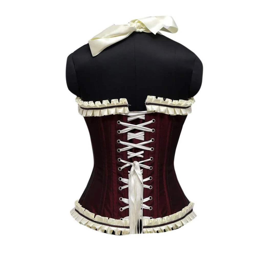 Rodri Burgundy Maroon Cream Embroidery Taffeta Strap Overbust Corset