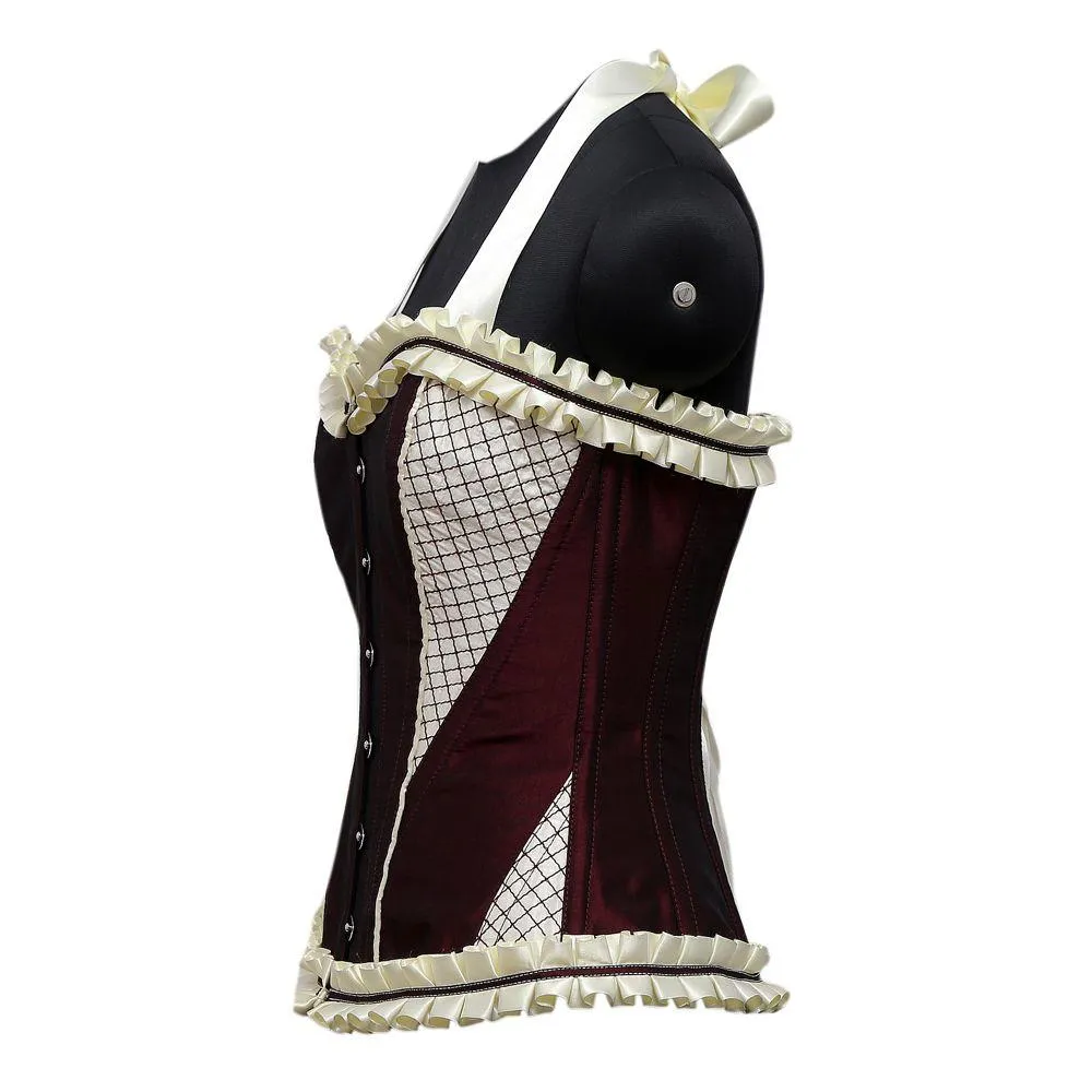 Rodri Burgundy Maroon Cream Embroidery Taffeta Strap Overbust Corset