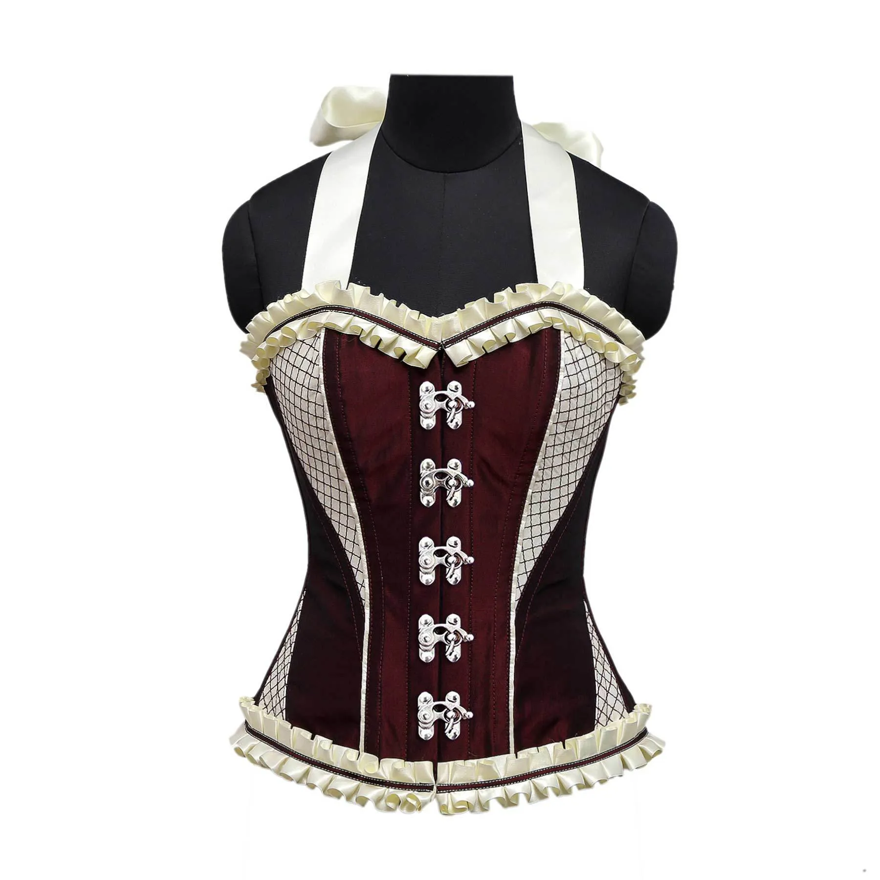 Rodri Burgundy Maroon Cream Embroidery Taffeta Strap Overbust Corset