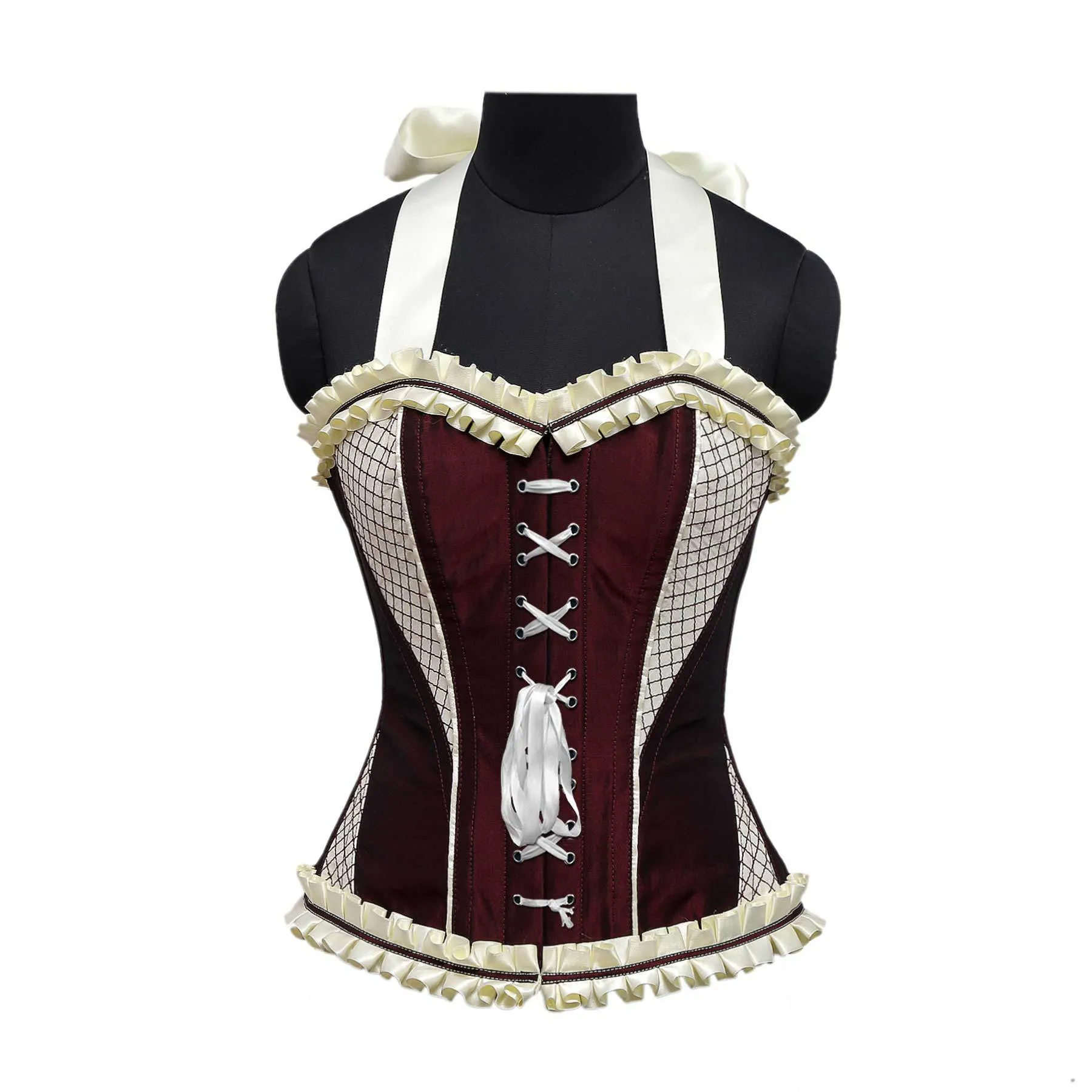 Rodri Burgundy Maroon Cream Embroidery Taffeta Strap Overbust Corset
