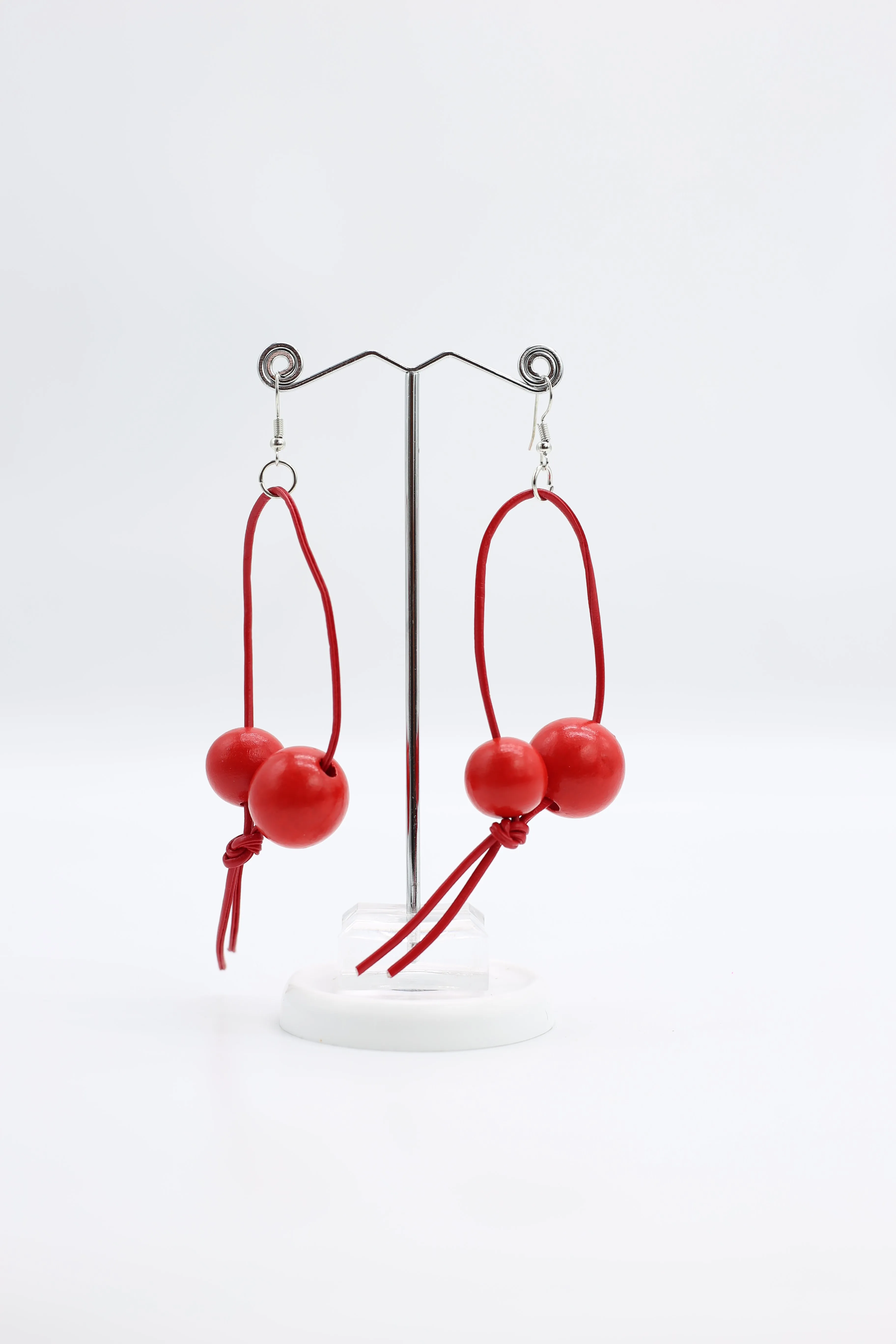 Round Beads on Leatherette Loop Earrings - Double