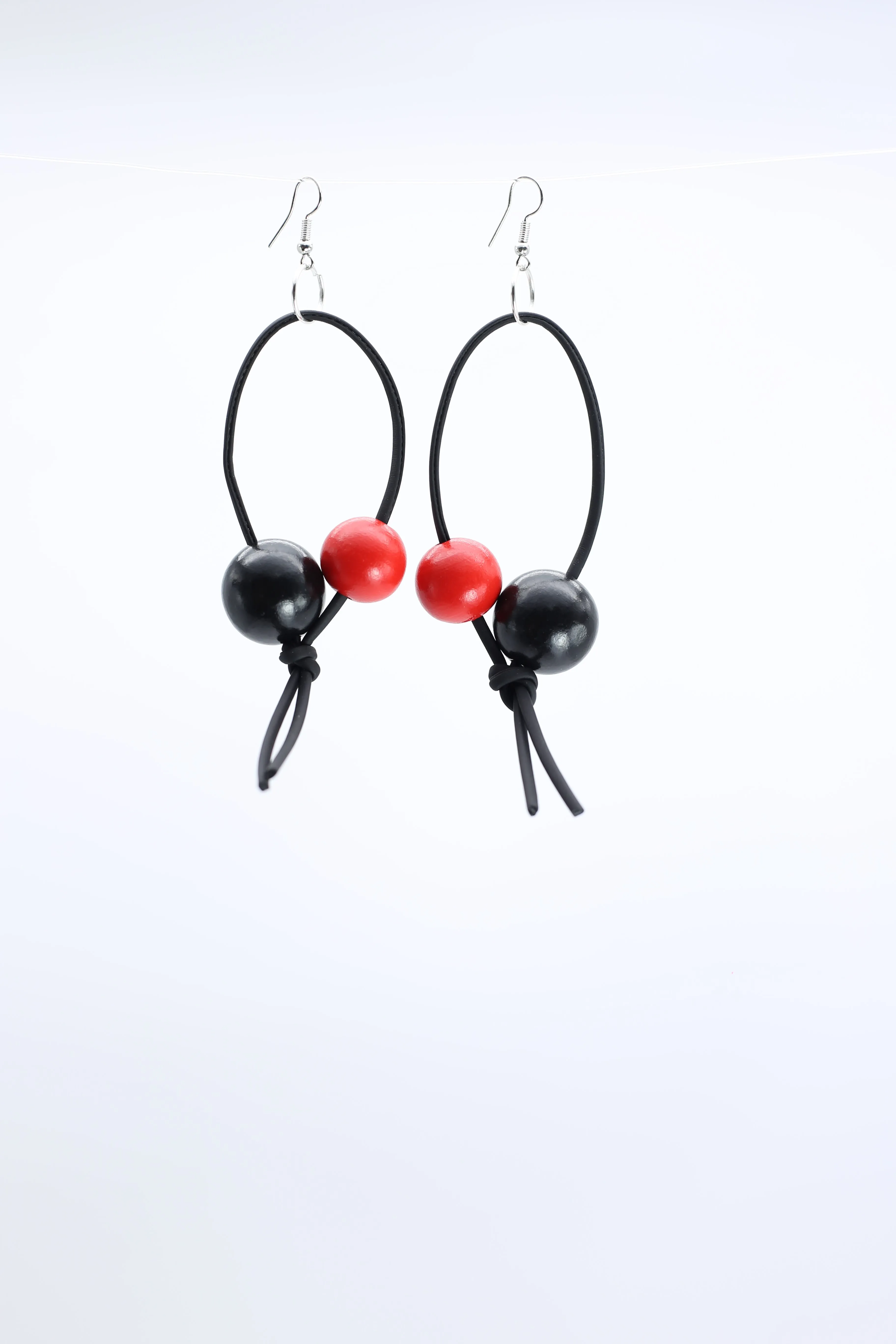Round Beads on Leatherette Loop Earrings - Double