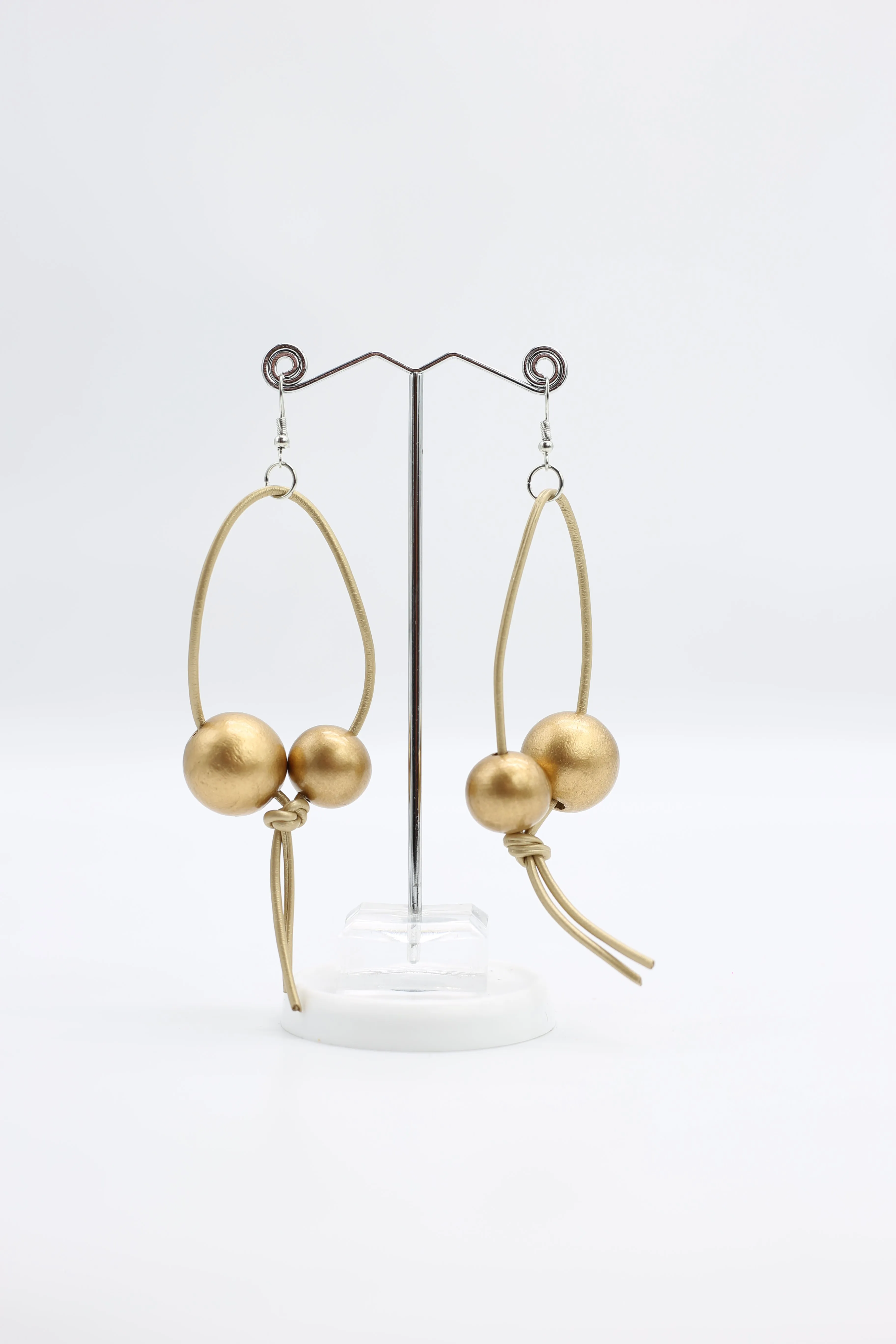 Round Beads on Leatherette Loop Earrings - Double