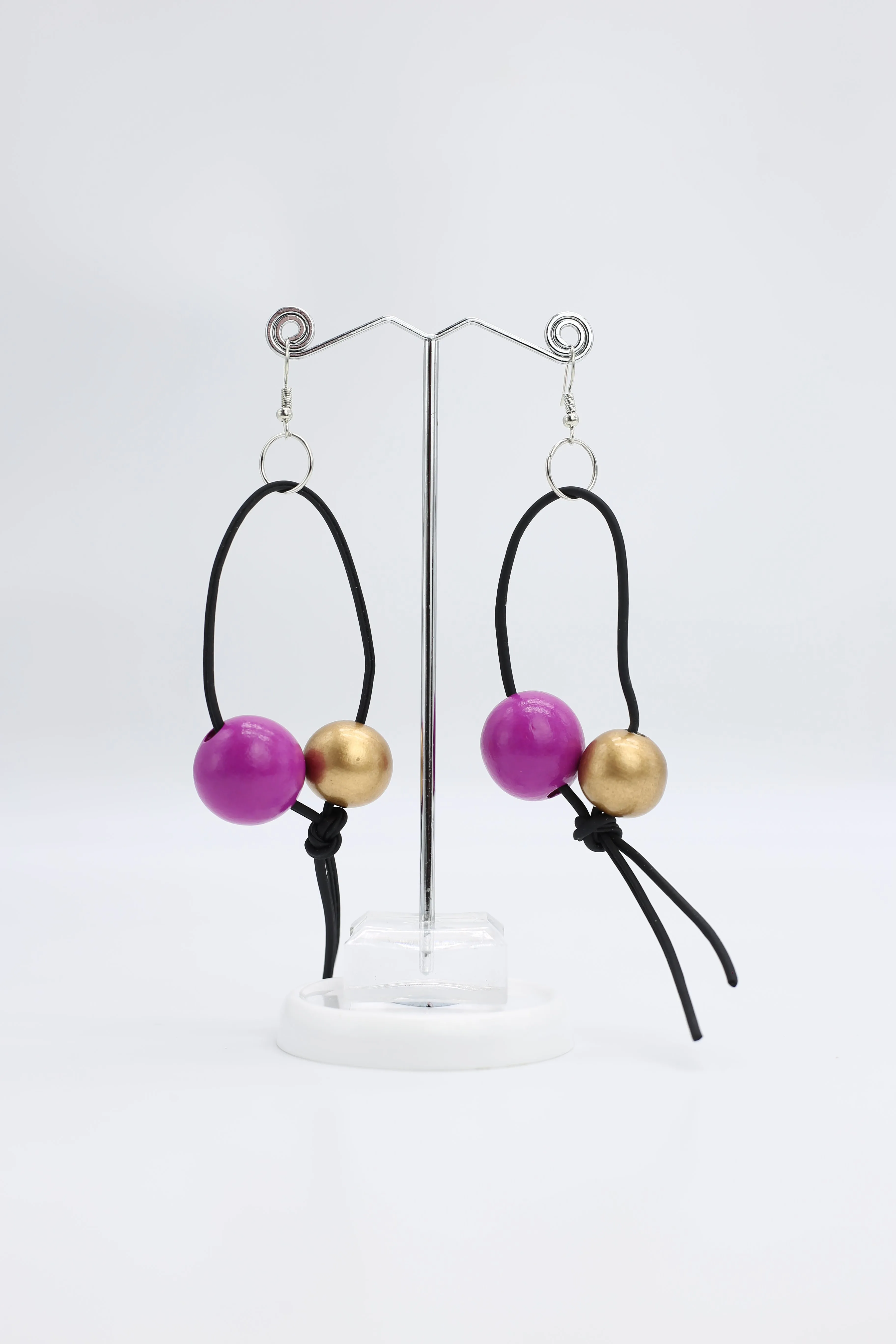 Round Beads on Leatherette Loop Earrings - Double