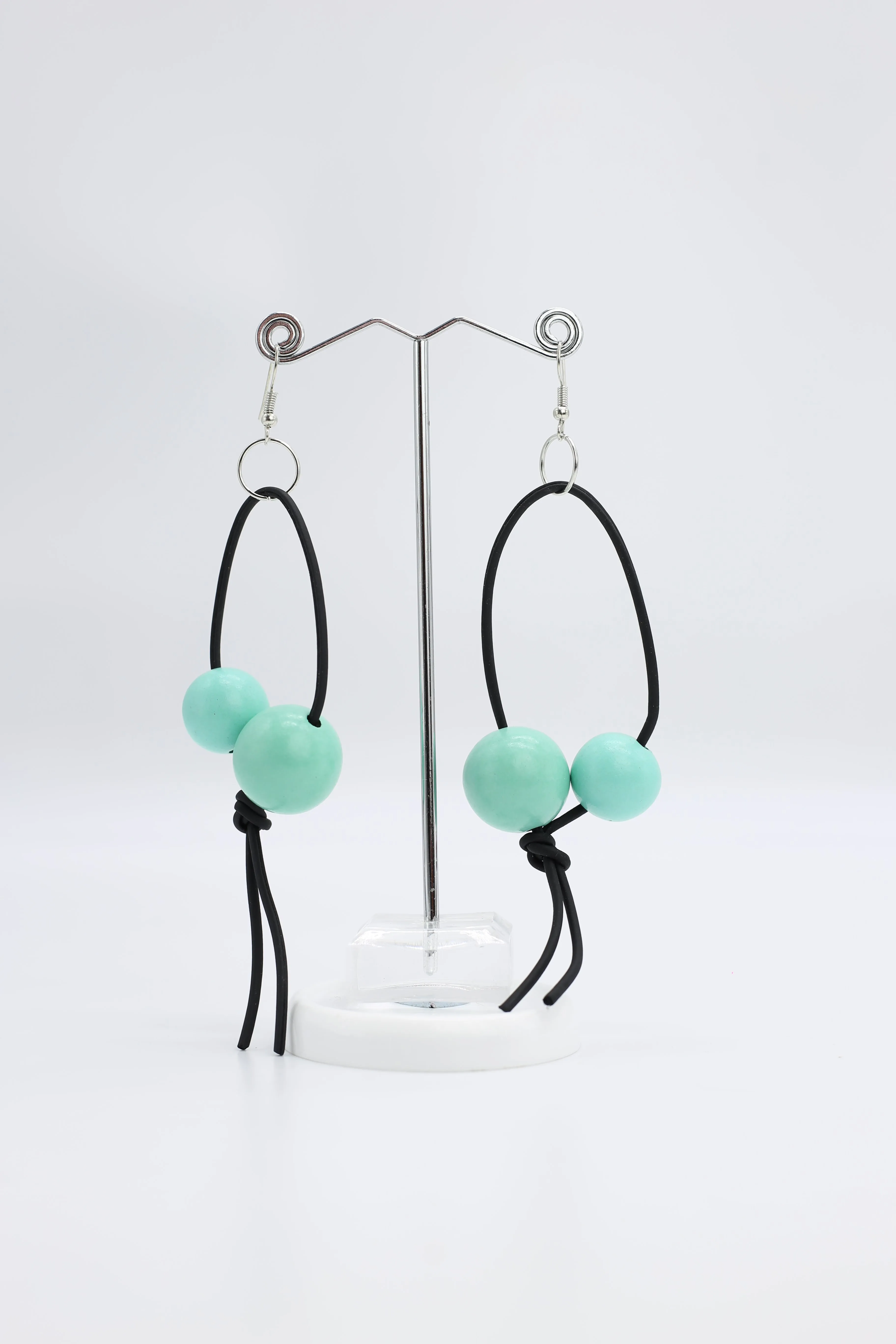Round Beads on Leatherette Loop Earrings - Double