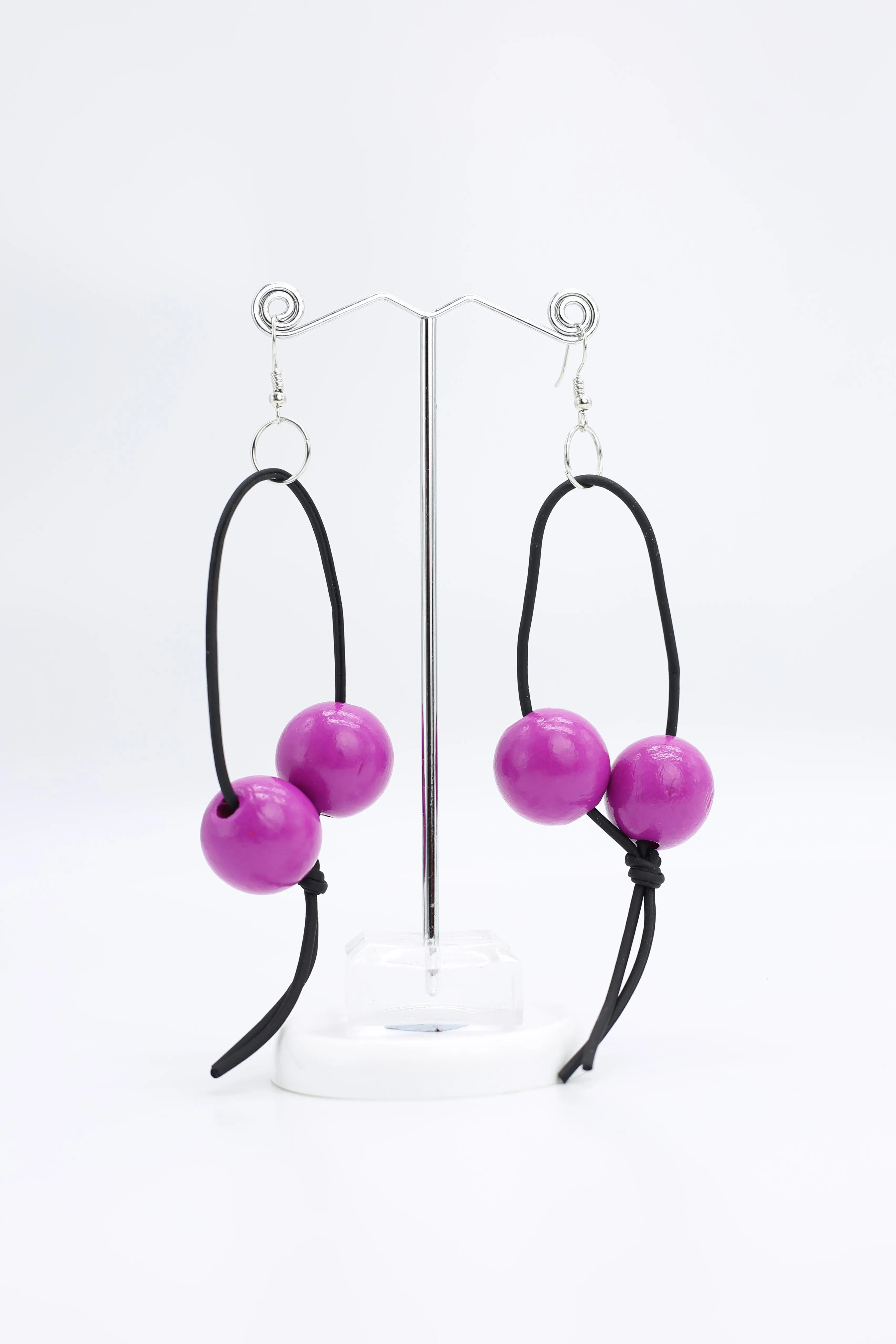 Round Beads on Leatherette Loop Earrings - Double
