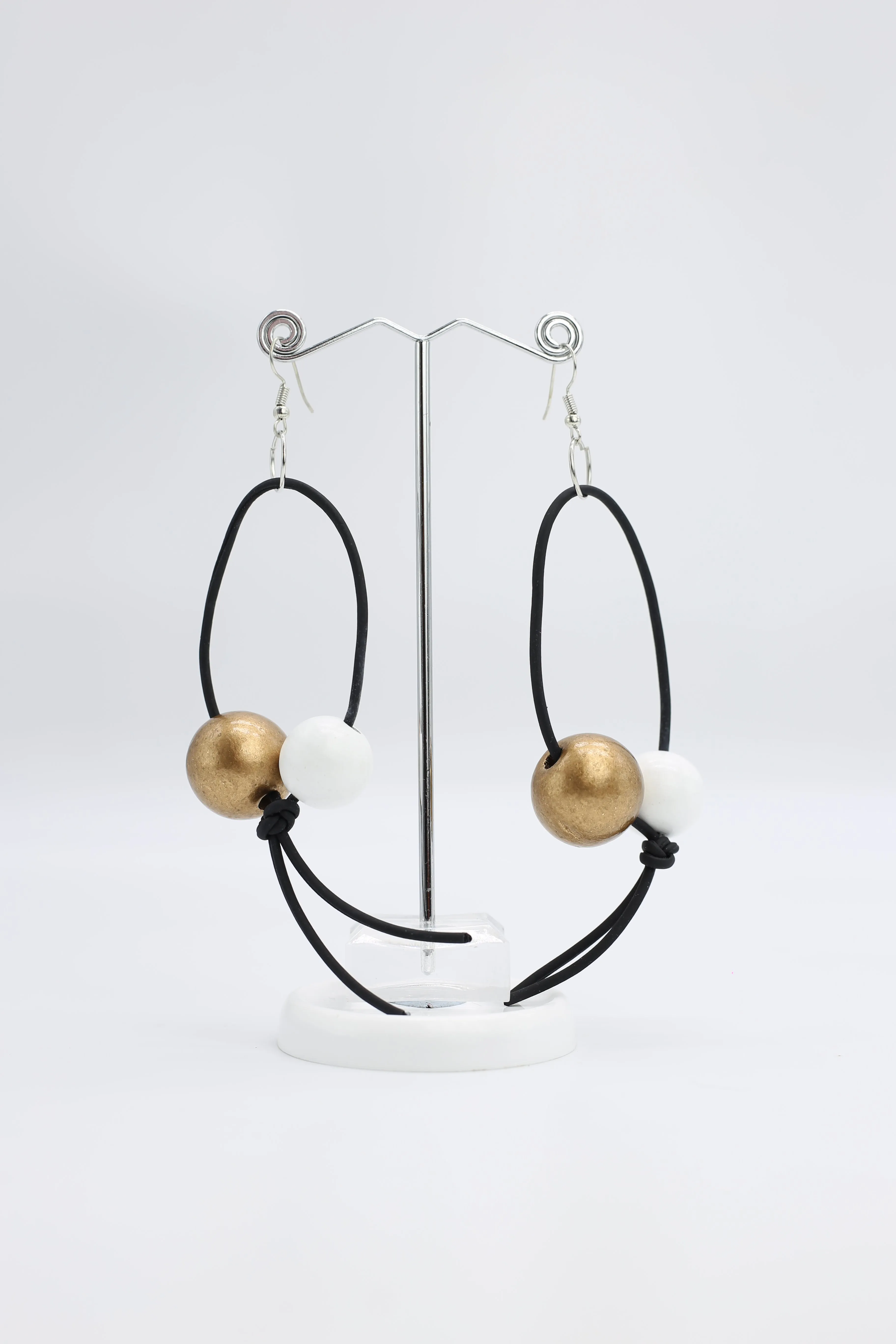 Round Beads on Leatherette Loop Earrings - Double