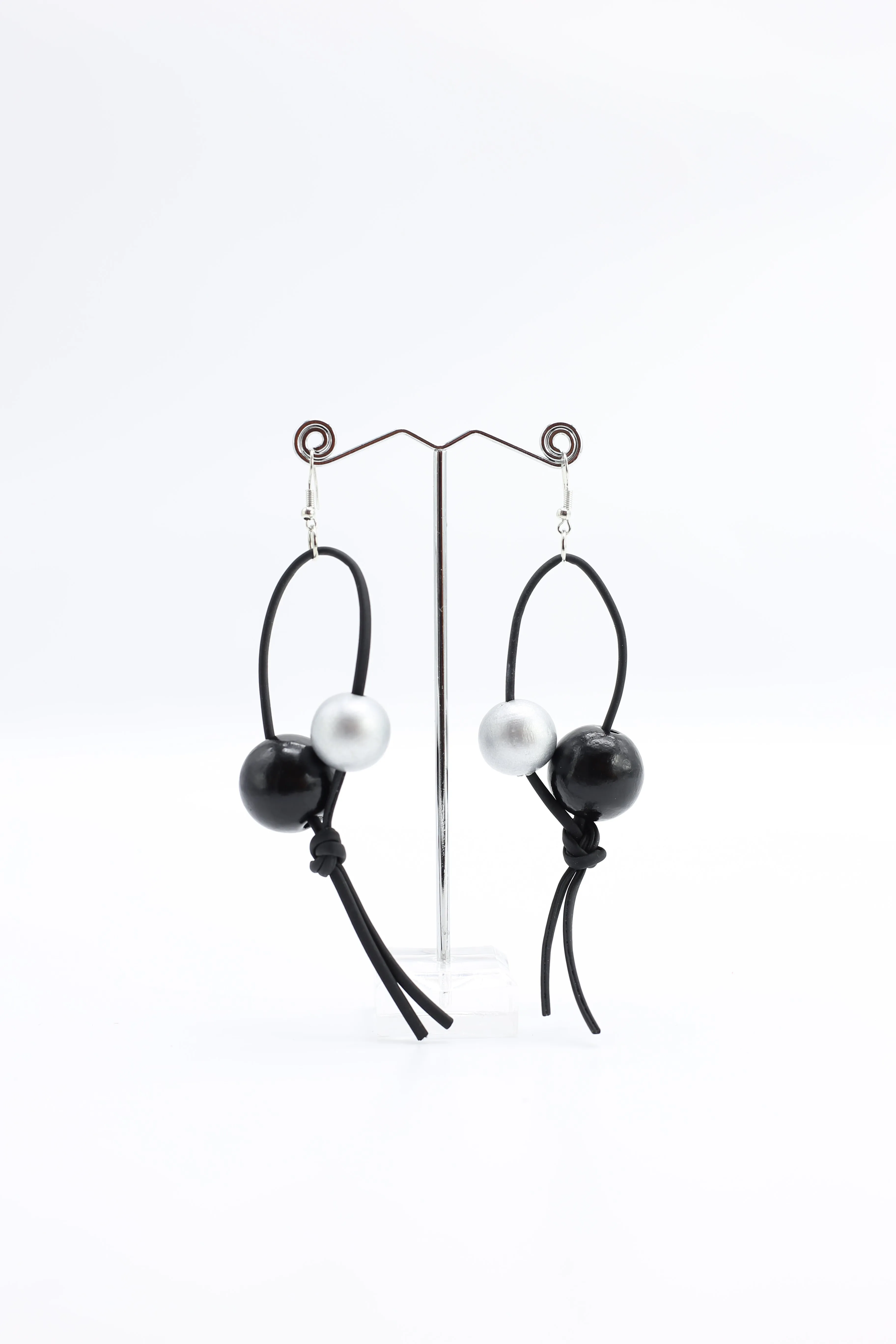 Round Beads on Leatherette Loop Earrings - Double