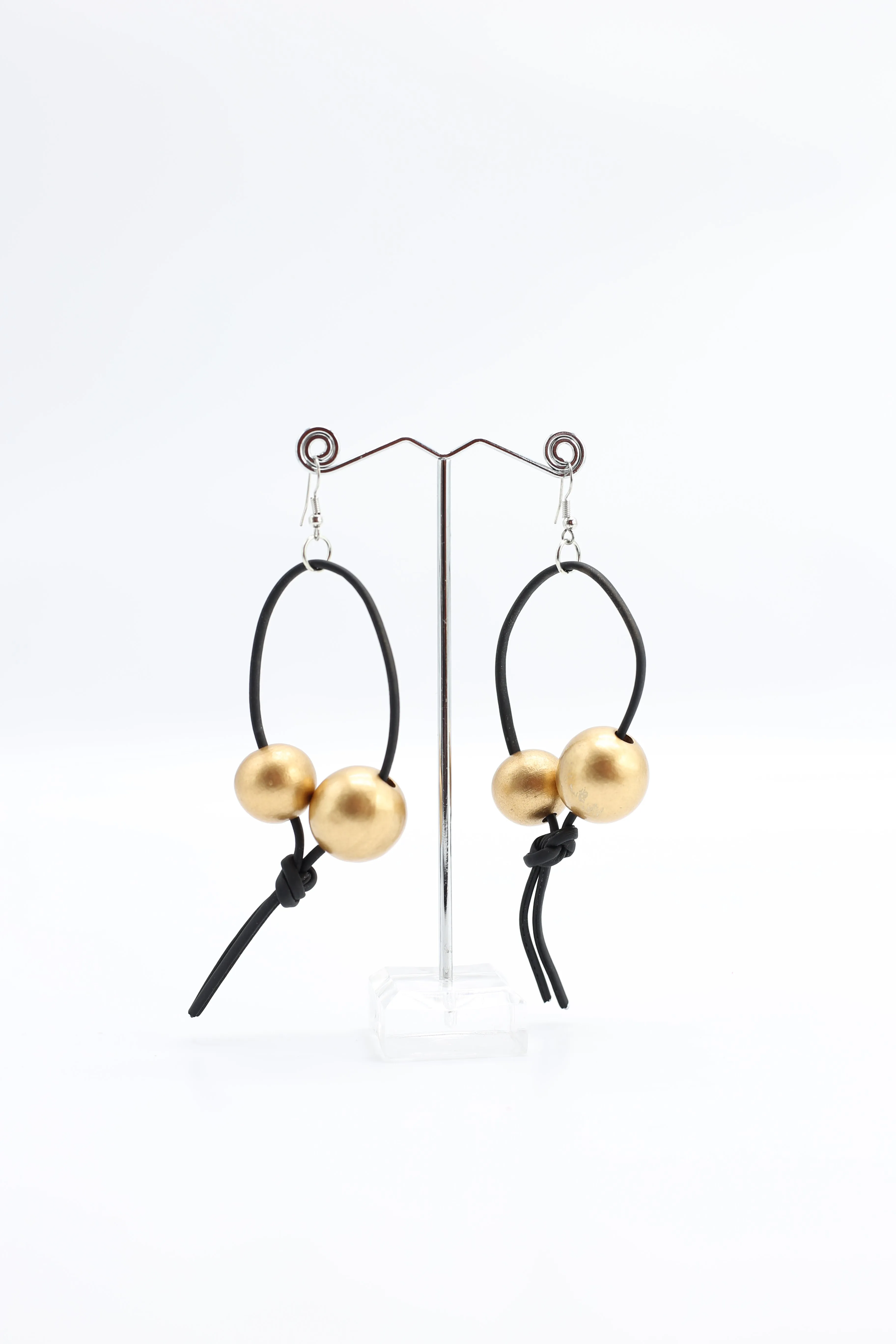 Round Beads on Leatherette Loop Earrings - Double