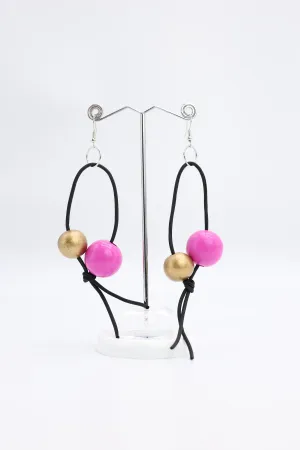 Round Beads on Leatherette Loop Earrings - Double