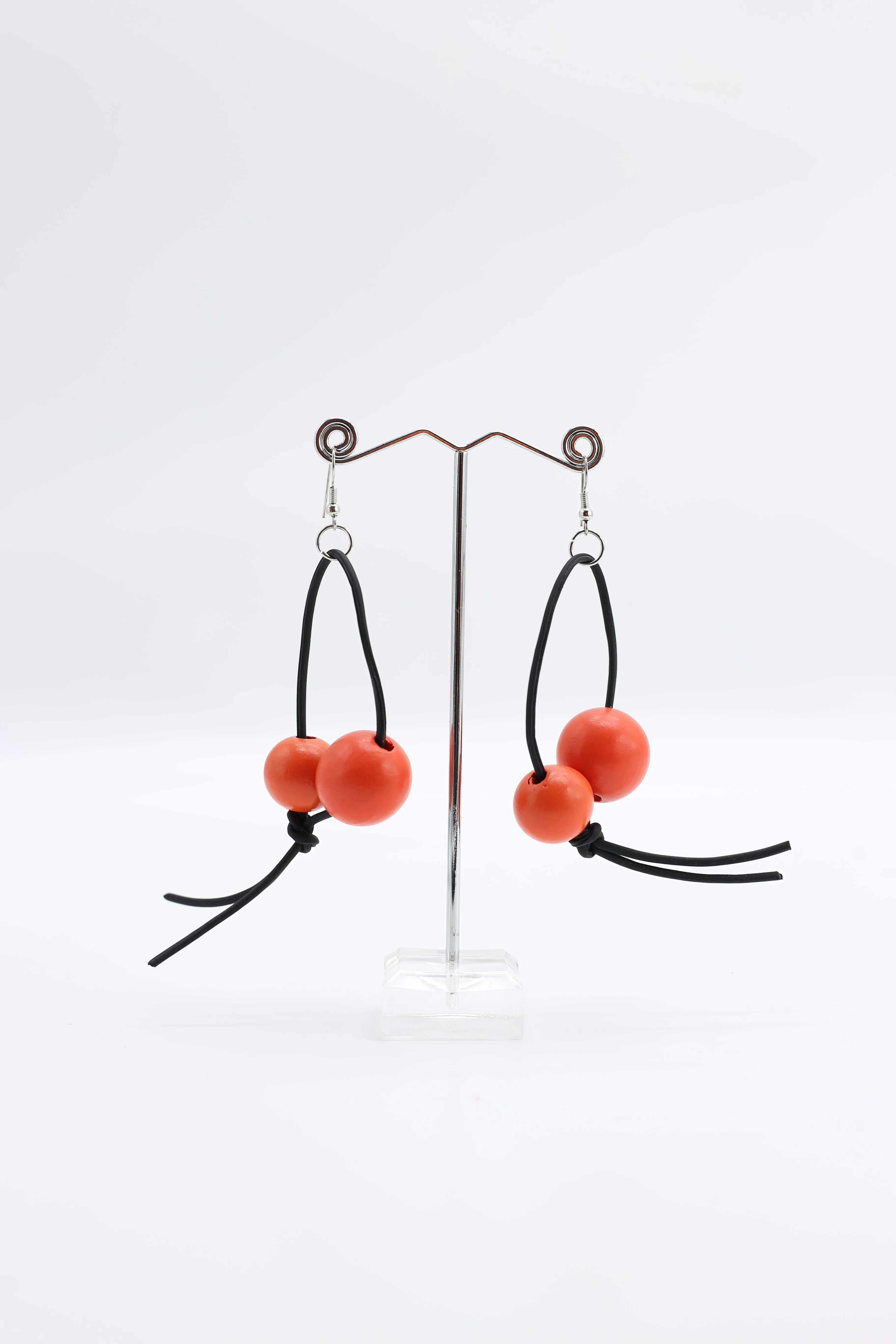 Round Beads on Leatherette Loop Earrings - Double