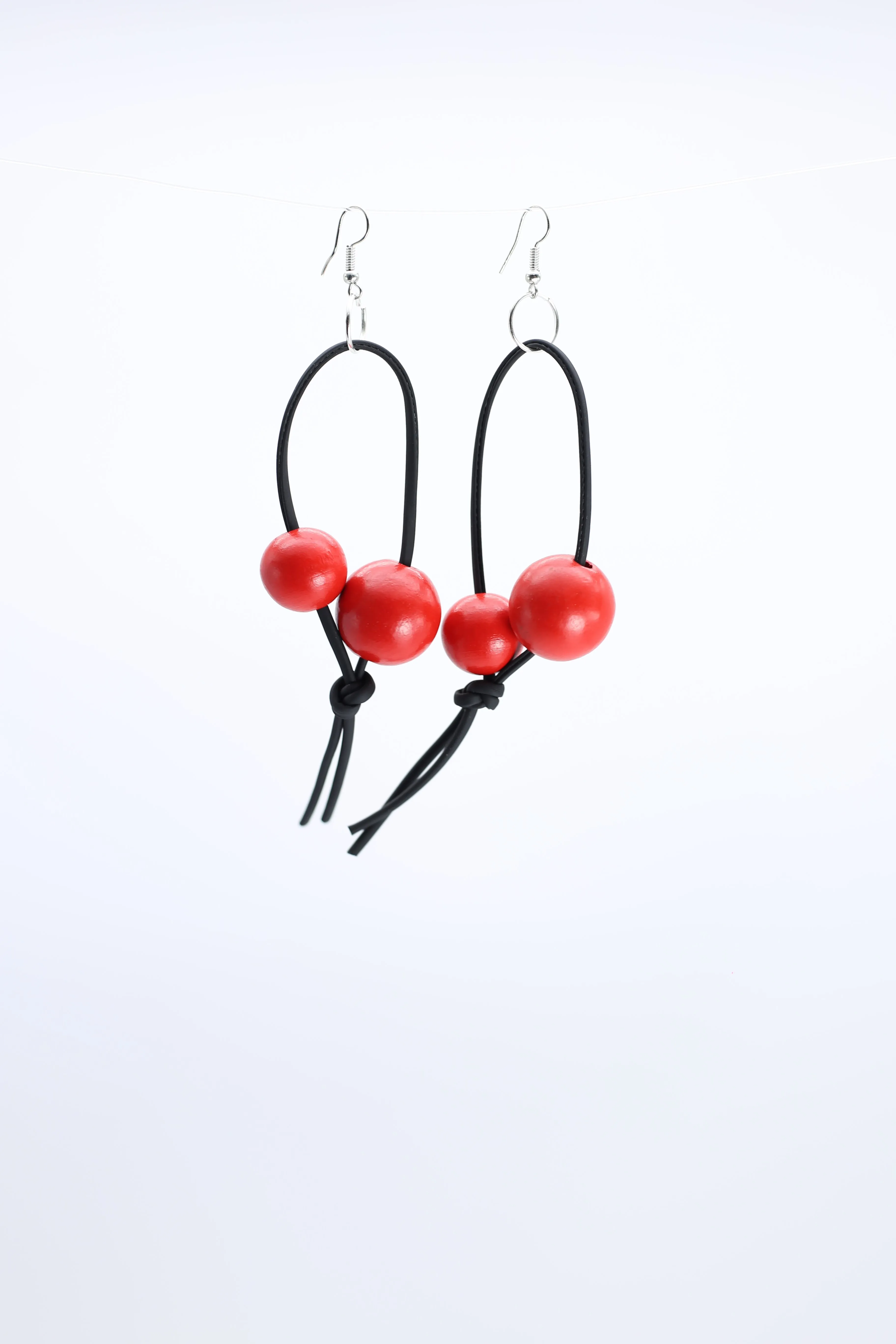 Round Beads on Leatherette Loop Earrings - Double