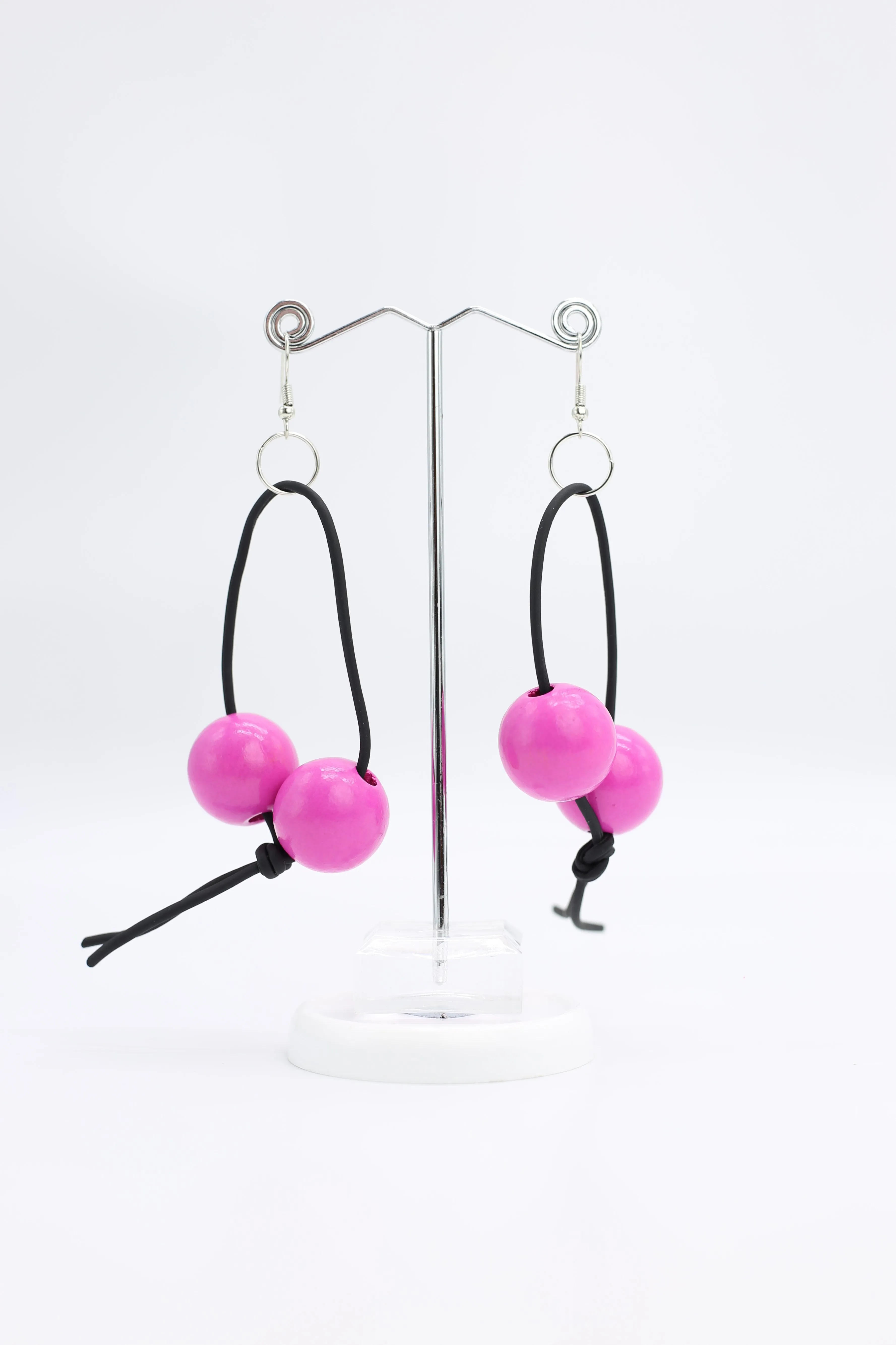 Round Beads on Leatherette Loop Earrings - Double