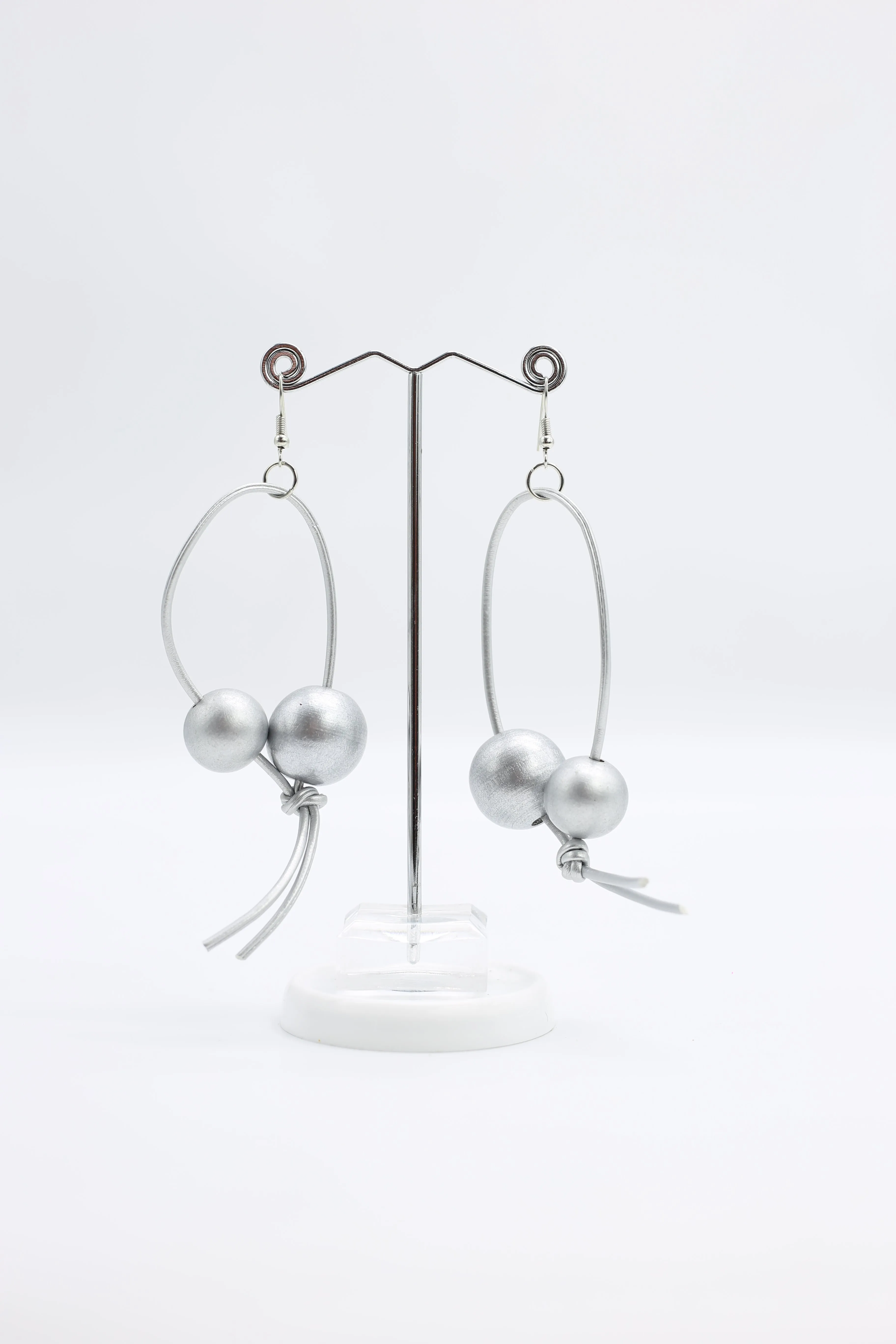 Round Beads on Leatherette Loop Earrings - Double