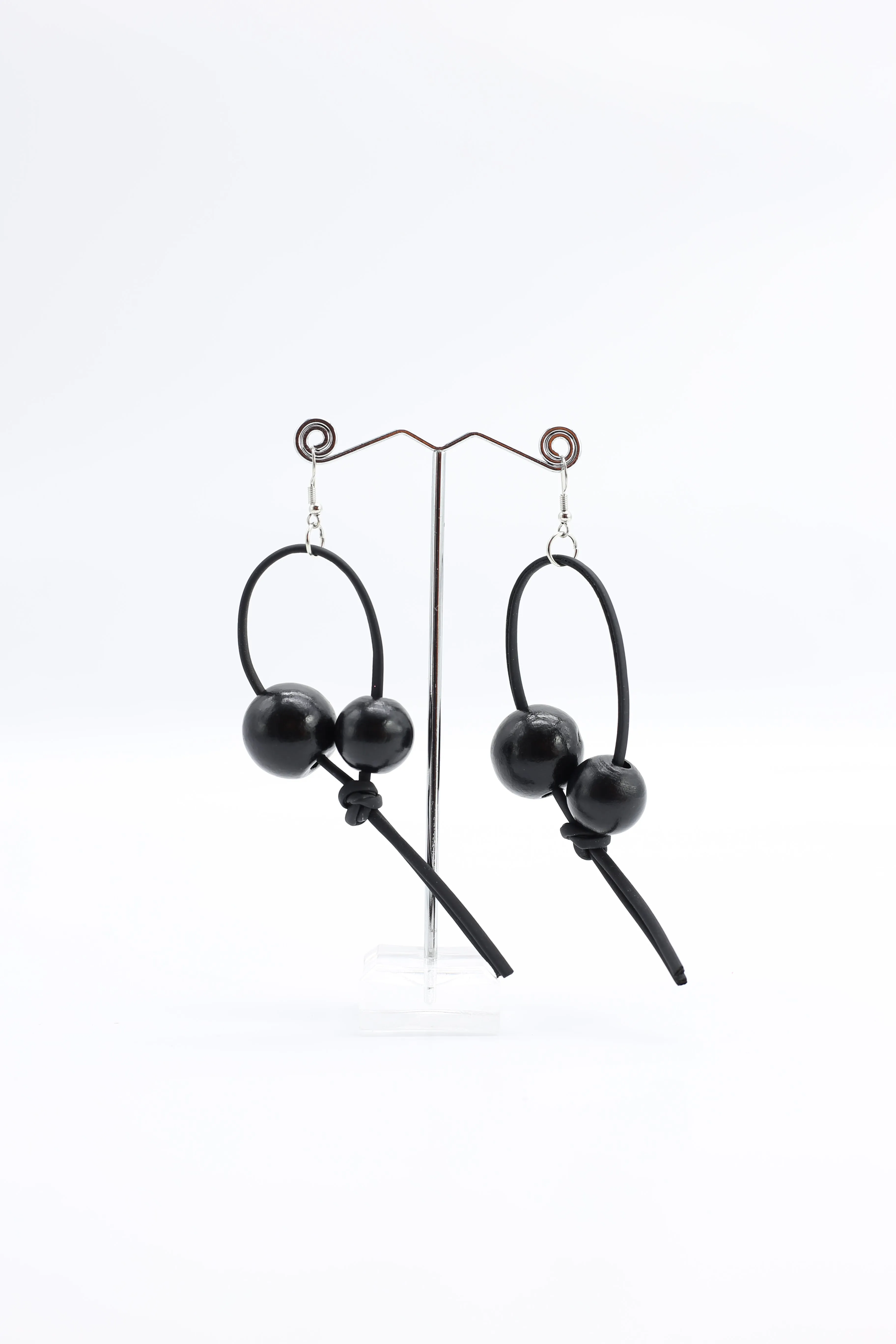 Round Beads on Leatherette Loop Earrings - Double