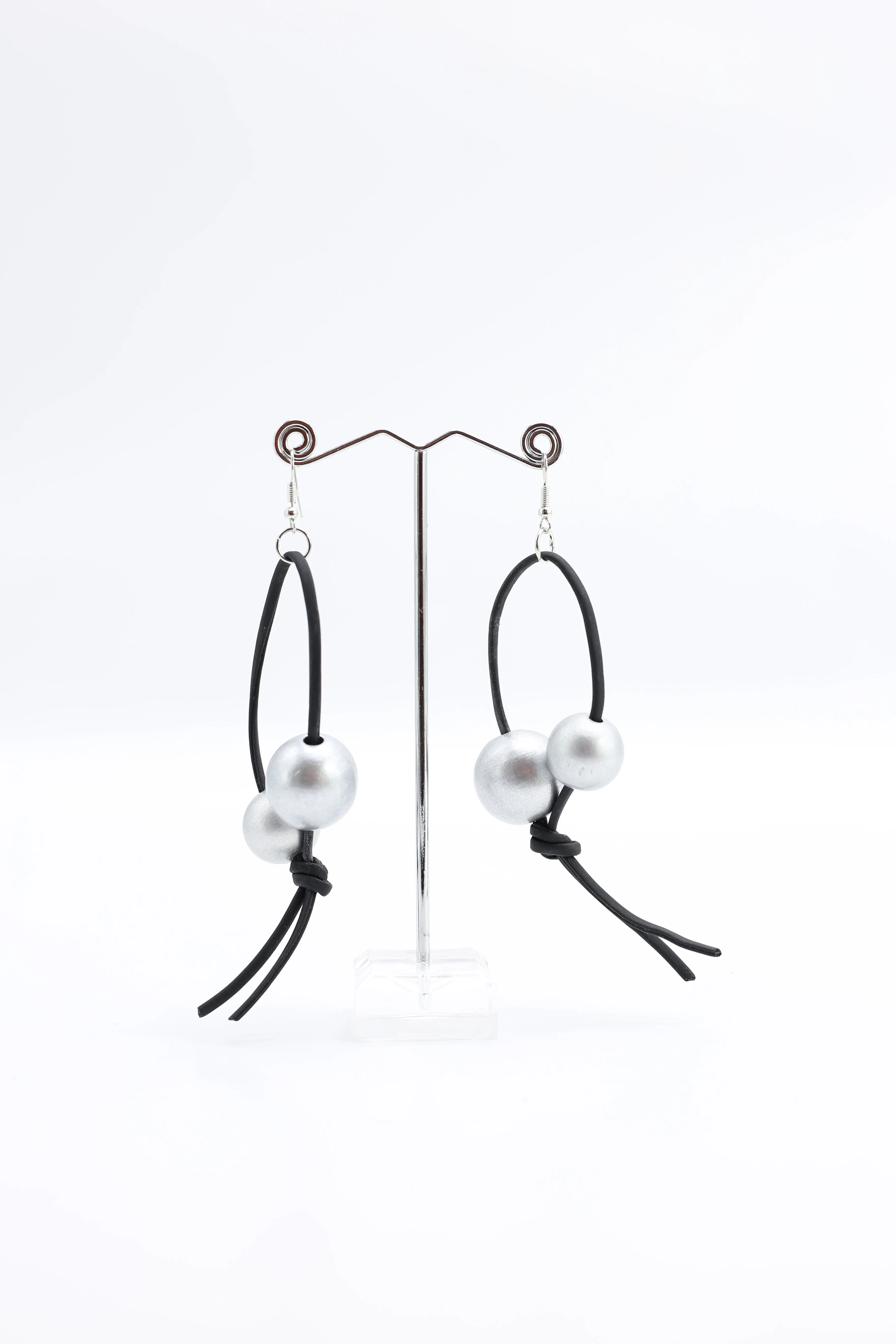 Round Beads on Leatherette Loop Earrings - Double