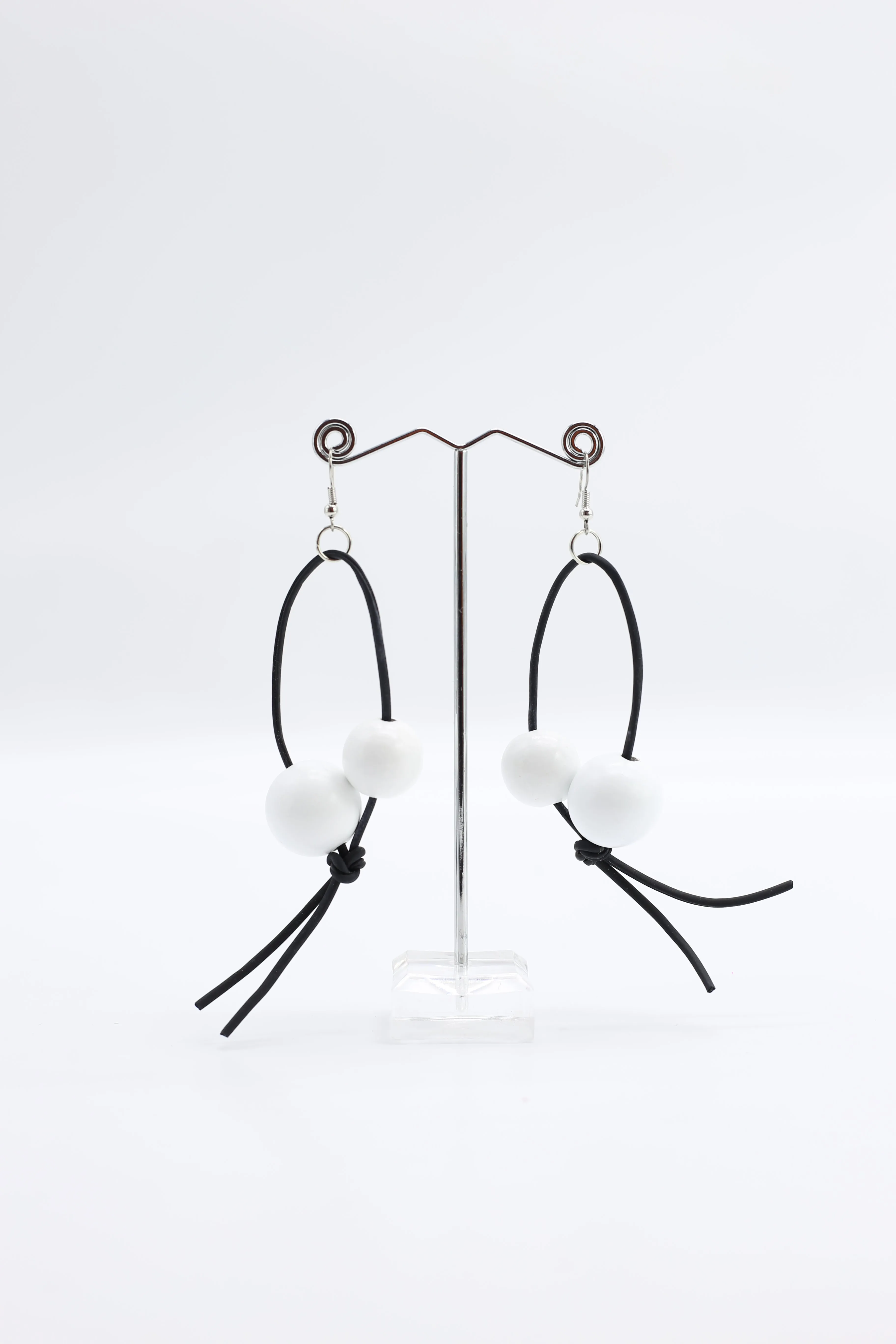 Round Beads on Leatherette Loop Earrings - Double