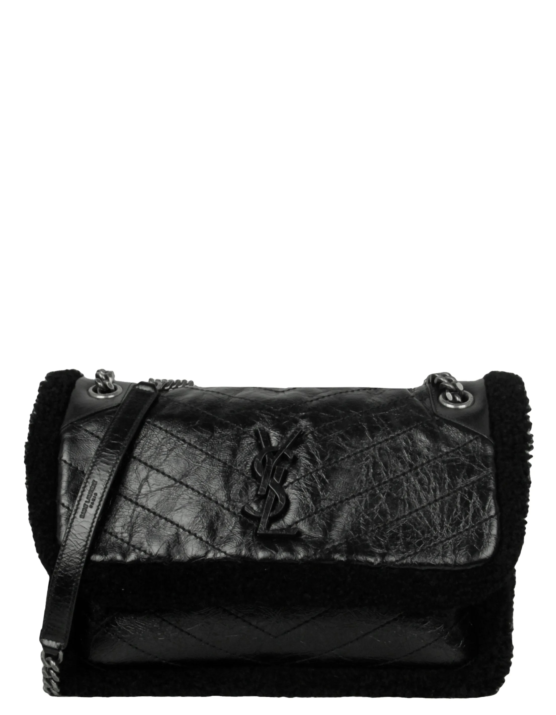 Saint Laurent Black Shearling Trim Calfskin Medium Niki Chain Shoulder Bag