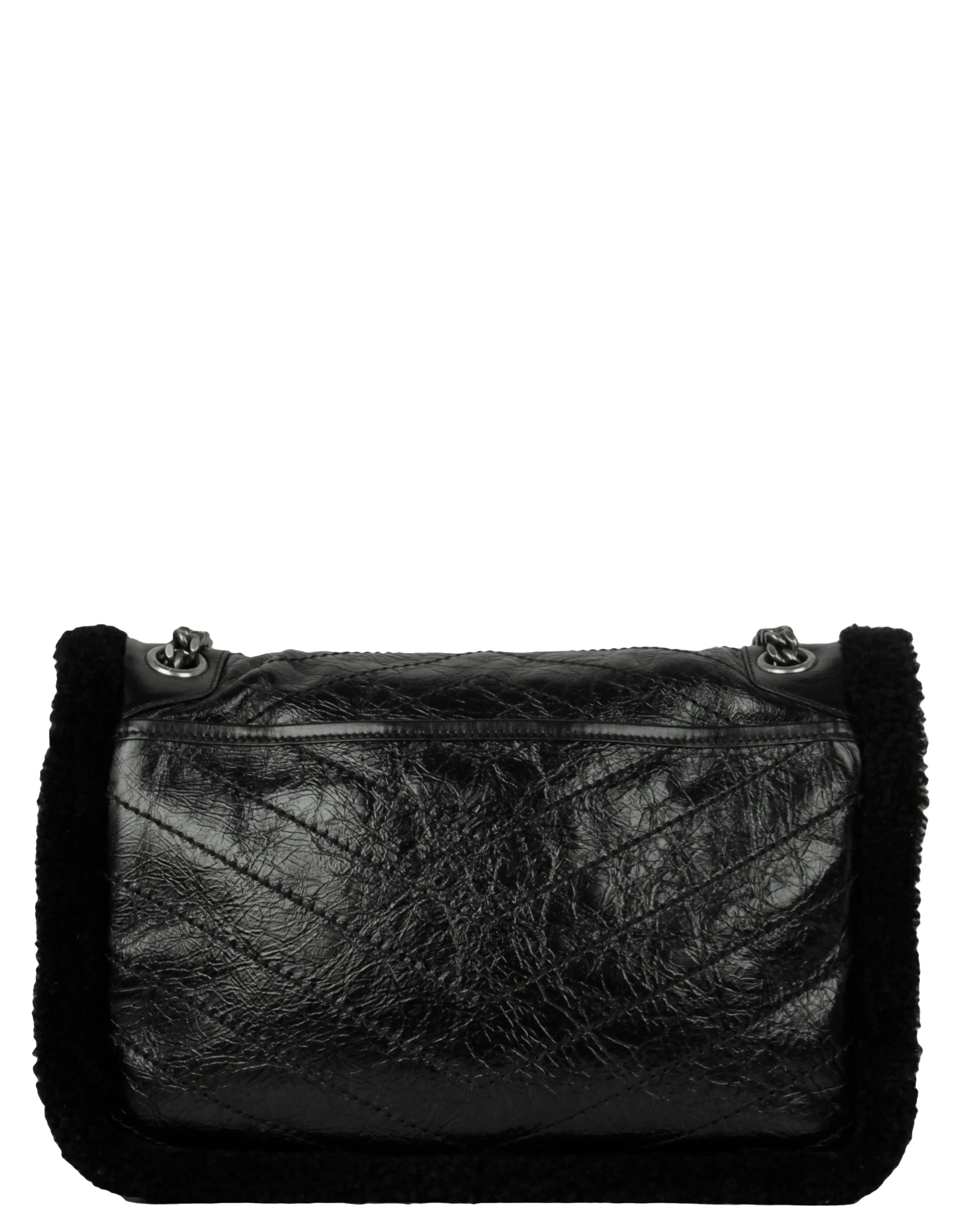 Saint Laurent Black Shearling Trim Calfskin Medium Niki Chain Shoulder Bag