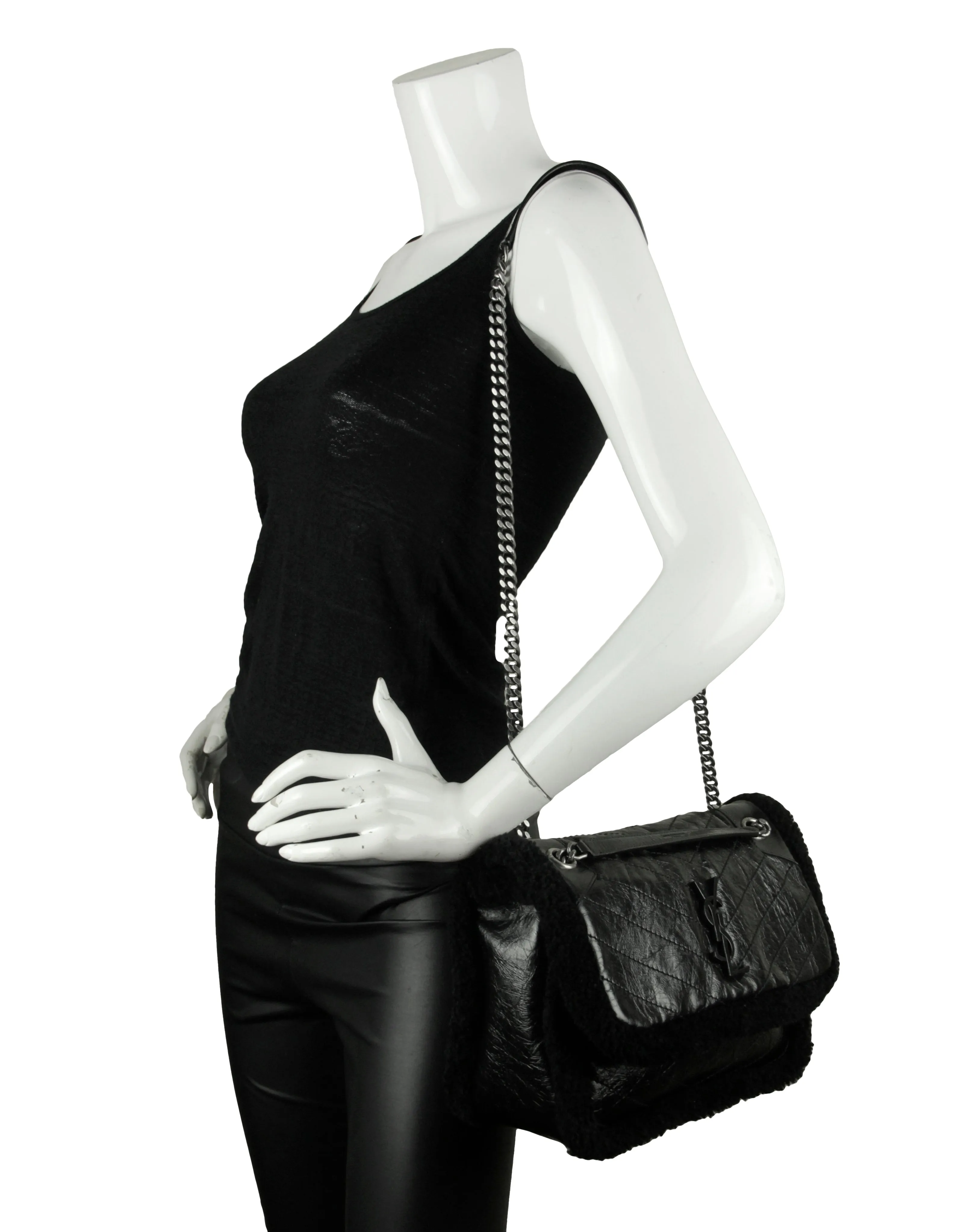 Saint Laurent Black Shearling Trim Calfskin Medium Niki Chain Shoulder Bag