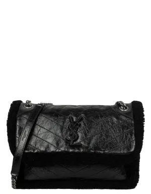 Saint Laurent Black Shearling Trim Calfskin Medium Niki Chain Shoulder Bag