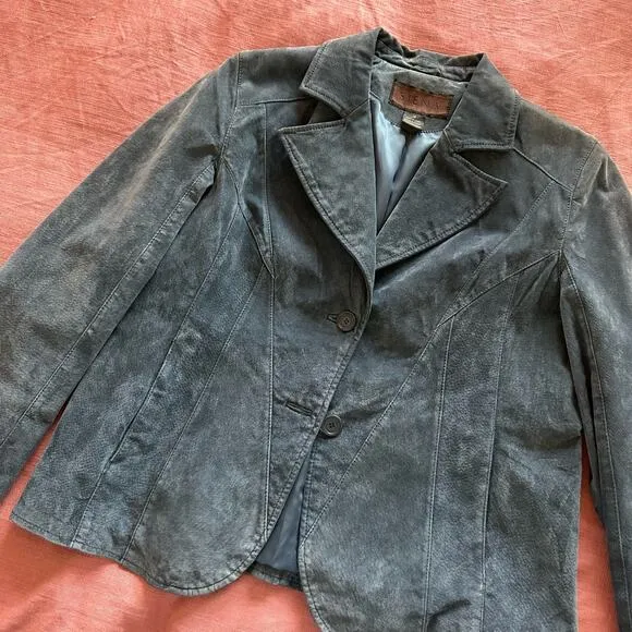 Siena | Size 14 Vintage Suede Blue Leather Collared Jacket Button Up Long Sleeve