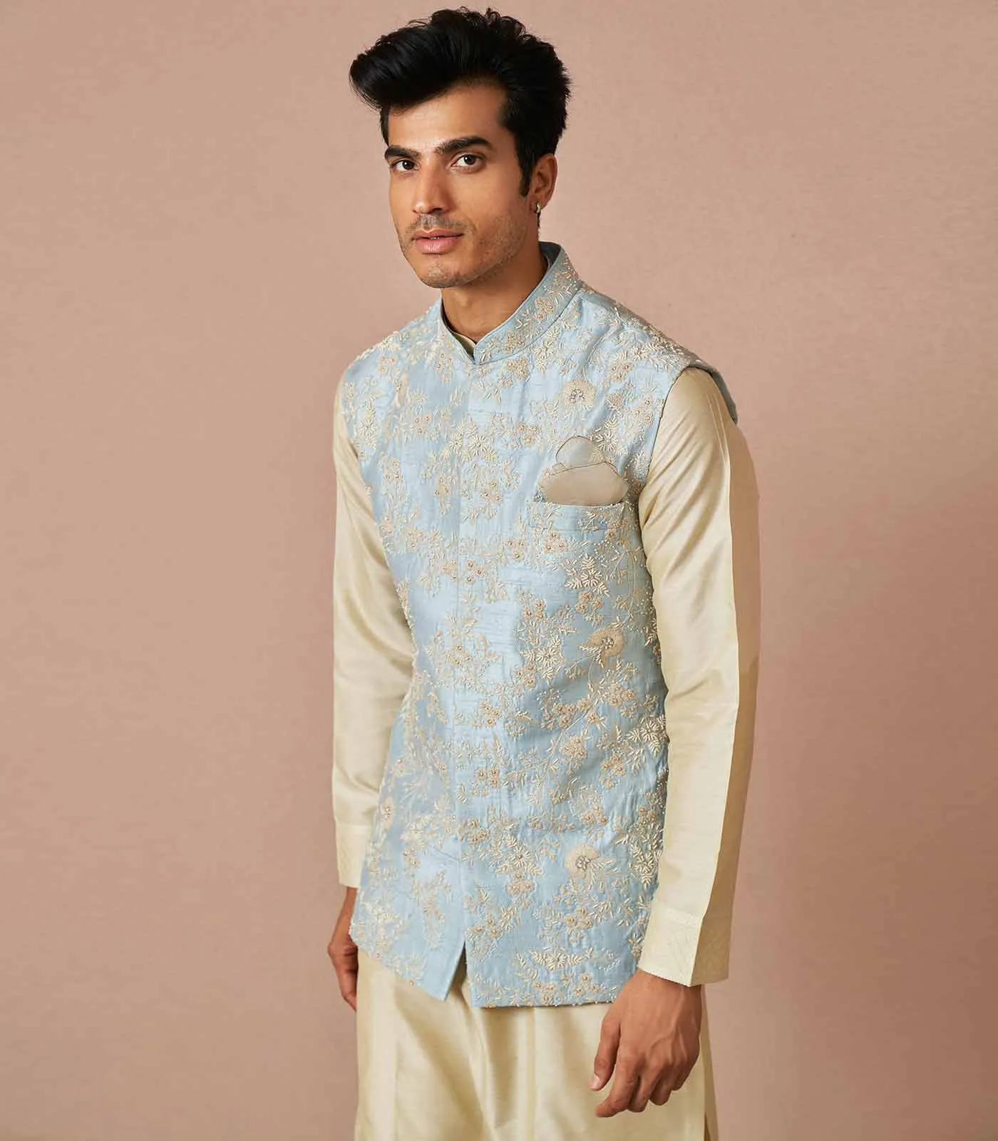 SKY BLUE ASTER EMBROIDERED BANDI SET