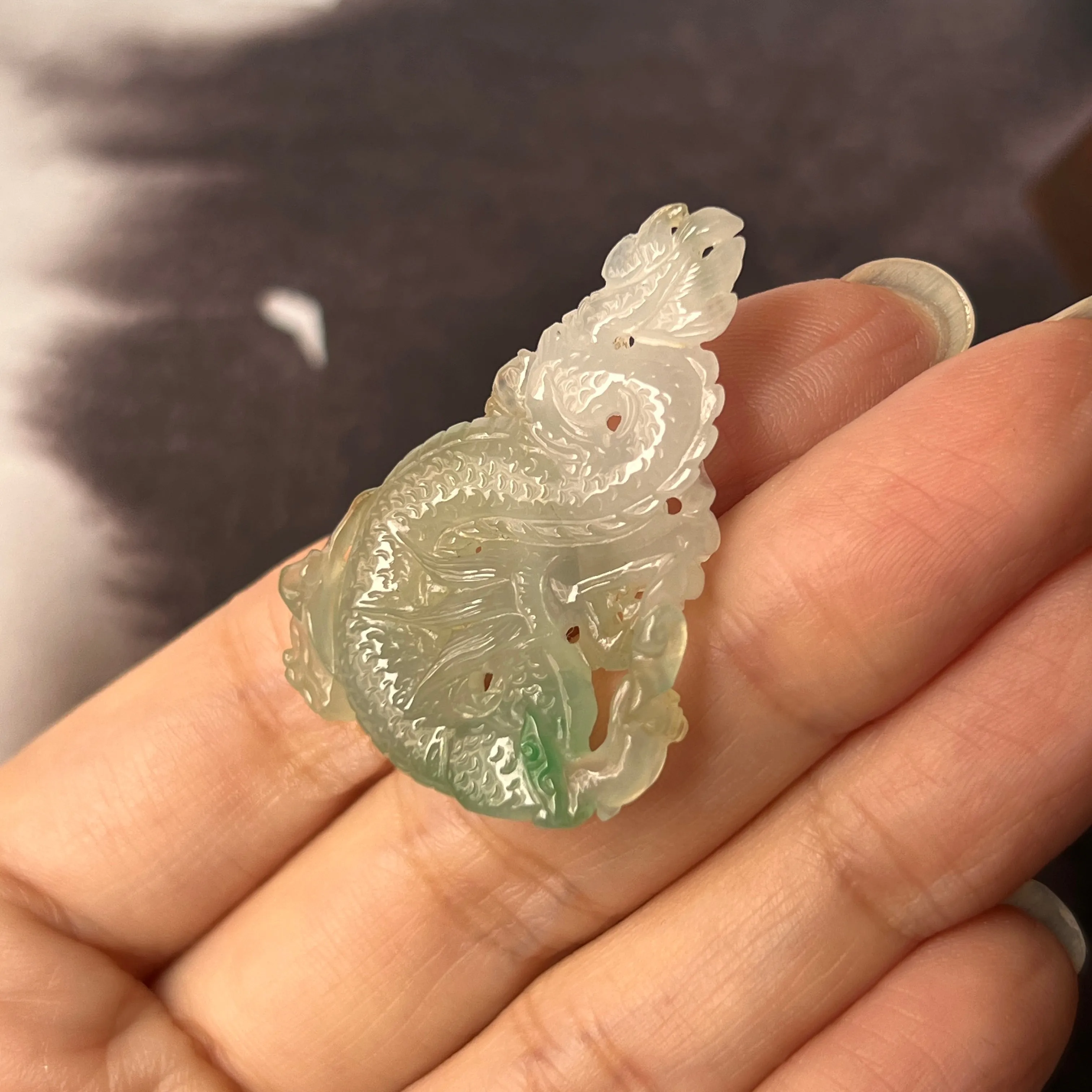 SOLD OUT: A-Grade Natural Green White Jadeite Dragon Pendant No.171093