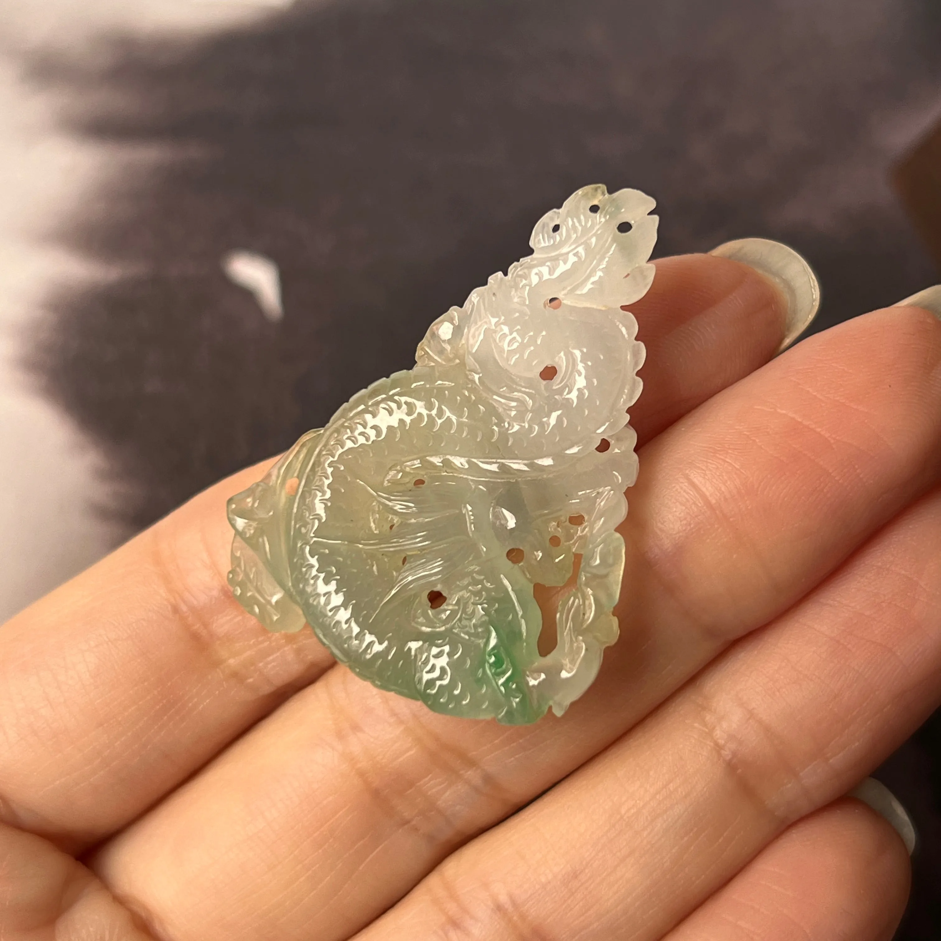 SOLD OUT: A-Grade Natural Green White Jadeite Dragon Pendant No.171093