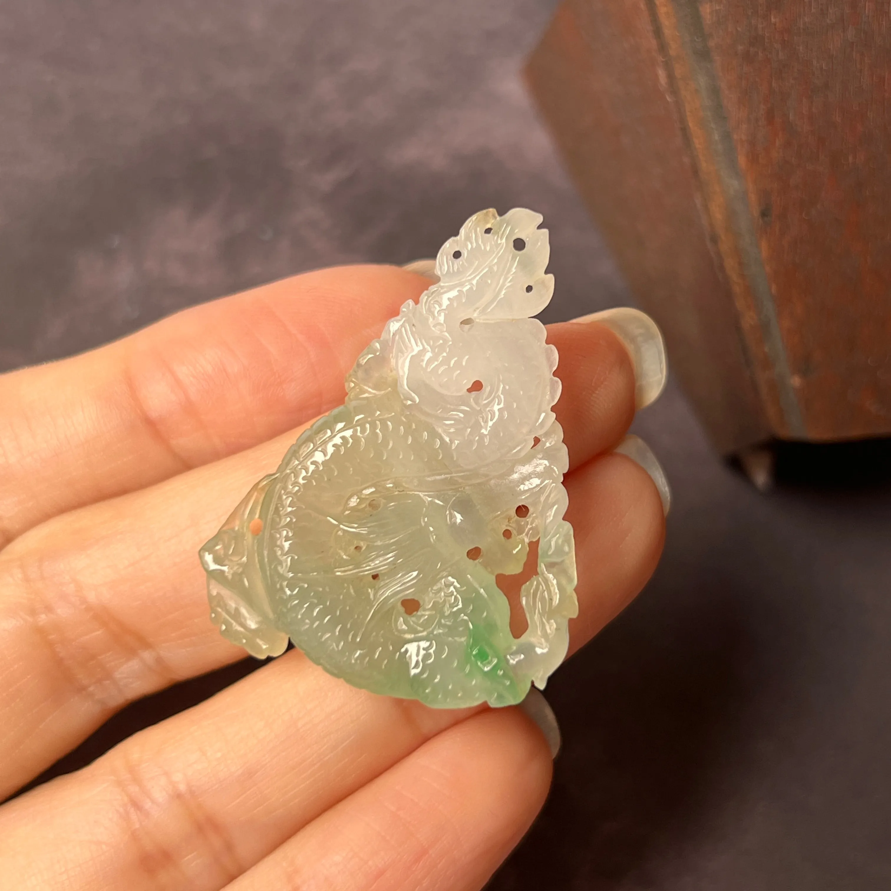 SOLD OUT: A-Grade Natural Green White Jadeite Dragon Pendant No.171093