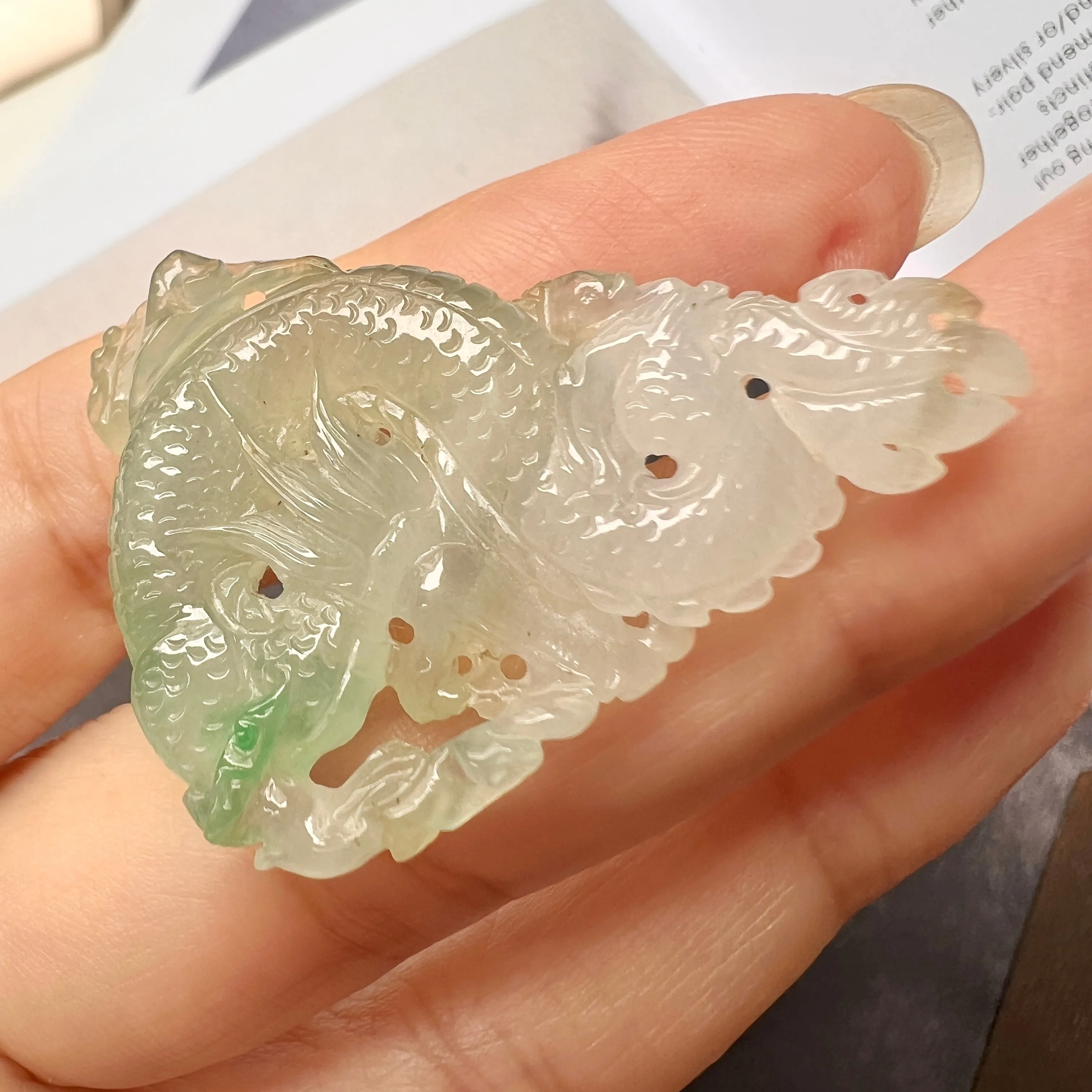SOLD OUT: A-Grade Natural Green White Jadeite Dragon Pendant No.171093