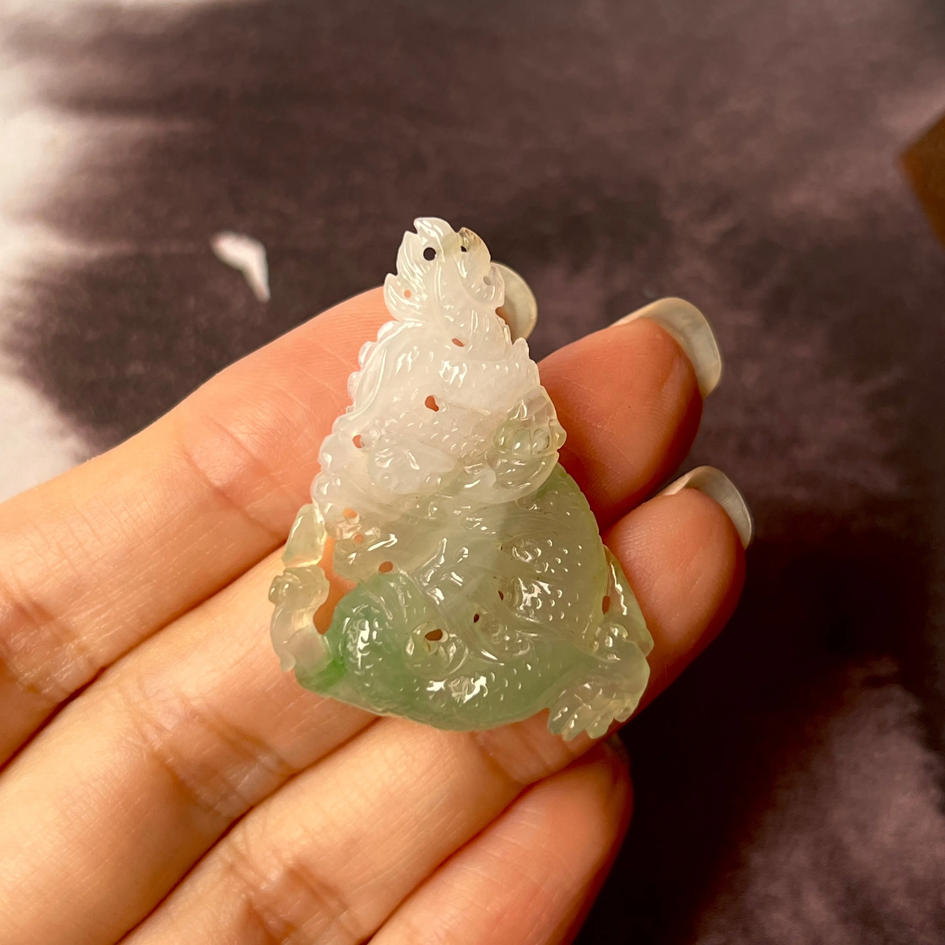 SOLD OUT: A-Grade Natural Green White Jadeite Dragon Pendant No.171093