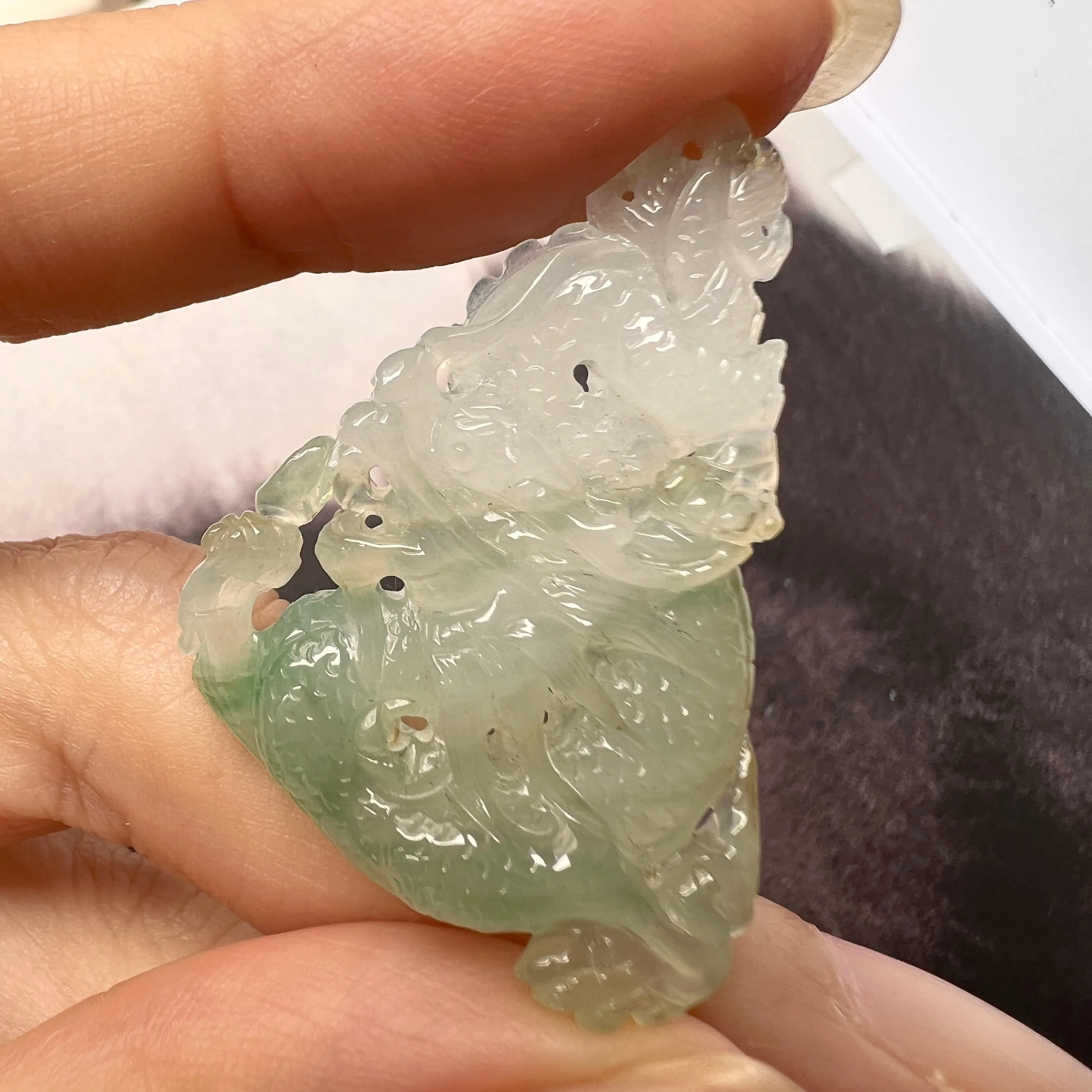 SOLD OUT: A-Grade Natural Green White Jadeite Dragon Pendant No.171093