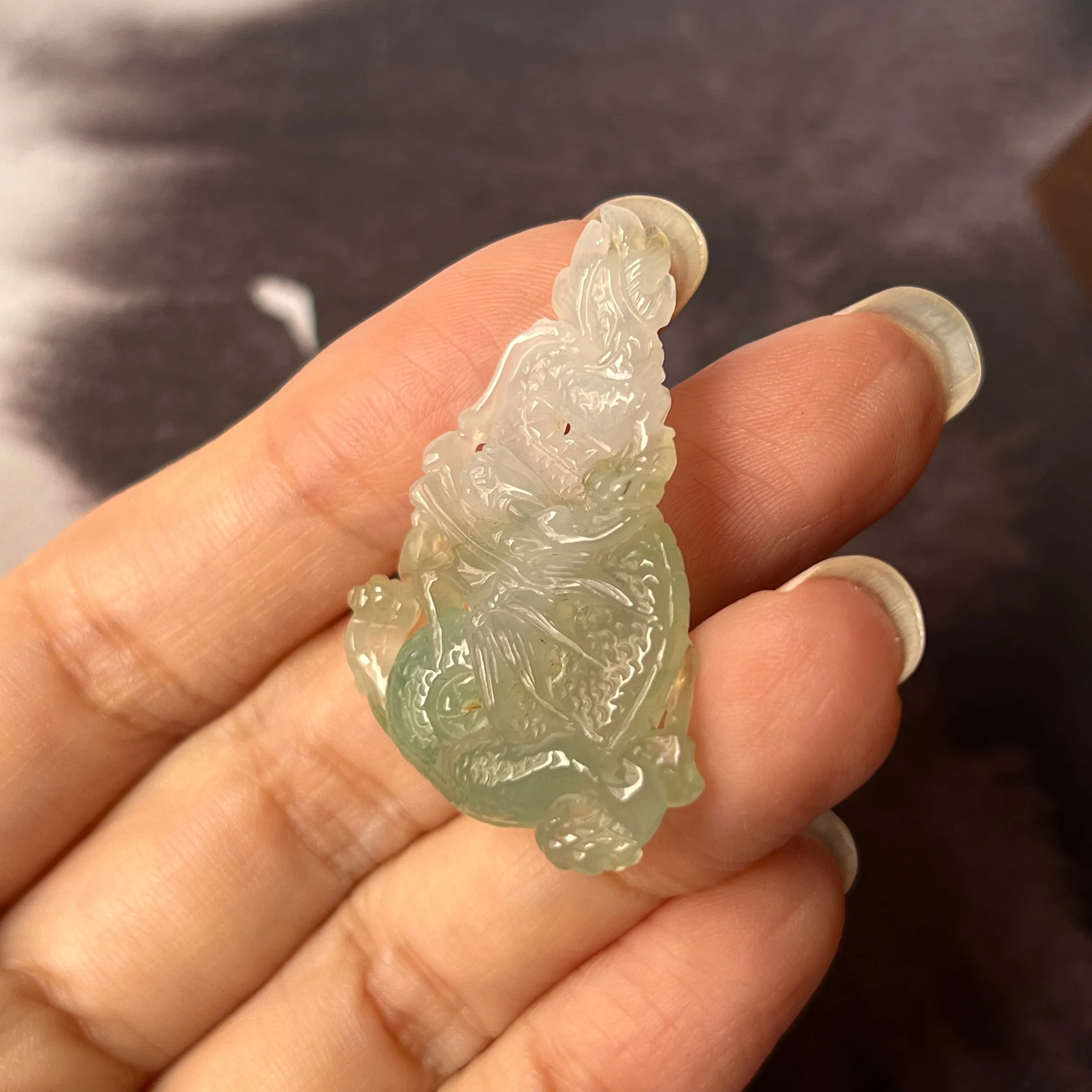 SOLD OUT: A-Grade Natural Green White Jadeite Dragon Pendant No.171093