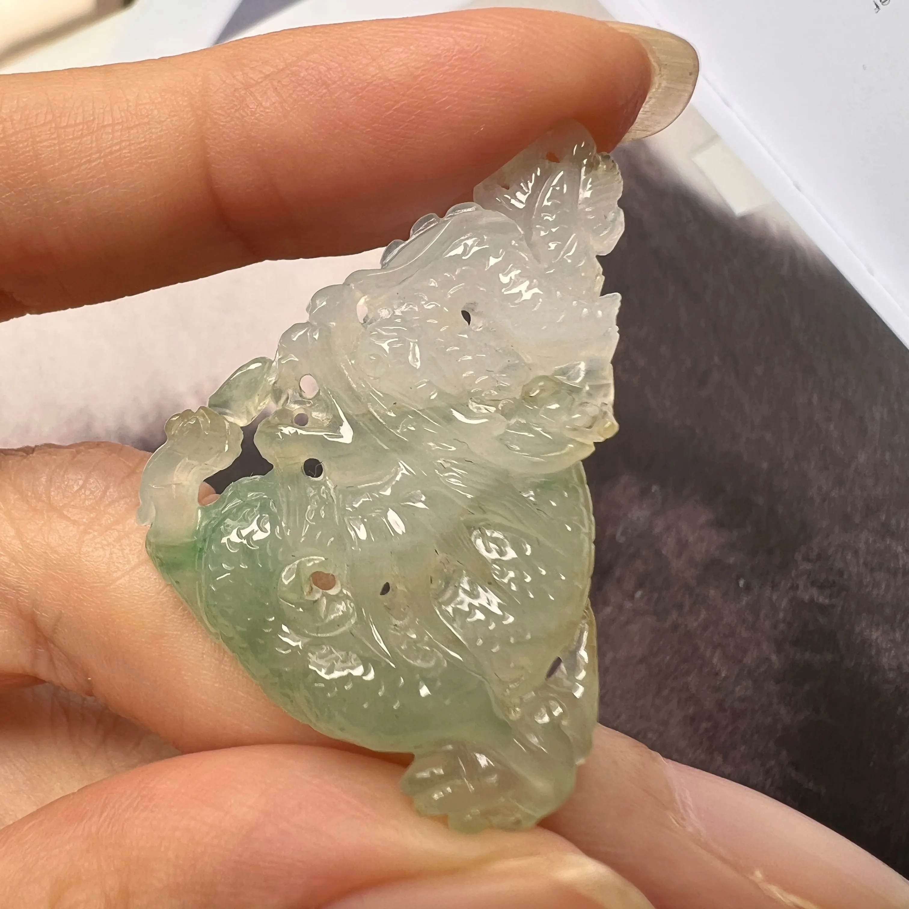 SOLD OUT: A-Grade Natural Green White Jadeite Dragon Pendant No.171093