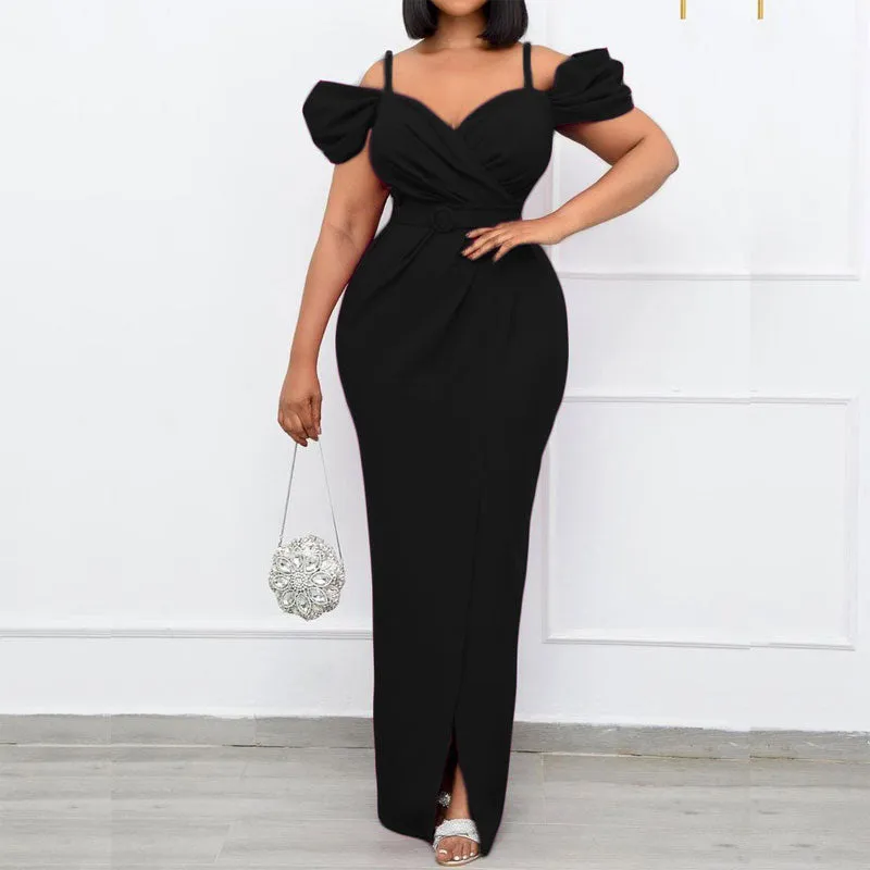 Solid Cold Shoulder Sleeveless Spaghettie Strap Maxi Dress