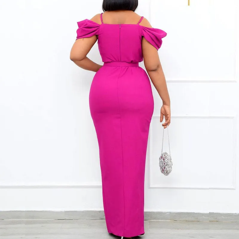 Solid Cold Shoulder Sleeveless Spaghettie Strap Maxi Dress