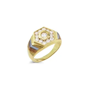 Stone-Set Hexagonal Tricolor Chevron Sided Men's Ring (14K)
