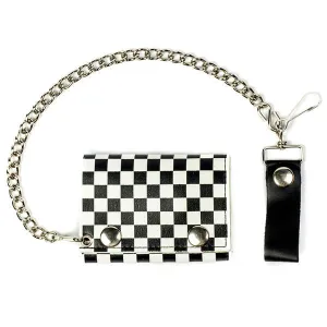 Tc261-8  Checkered Tri-Fold Wallet w/ Chain- Black & White